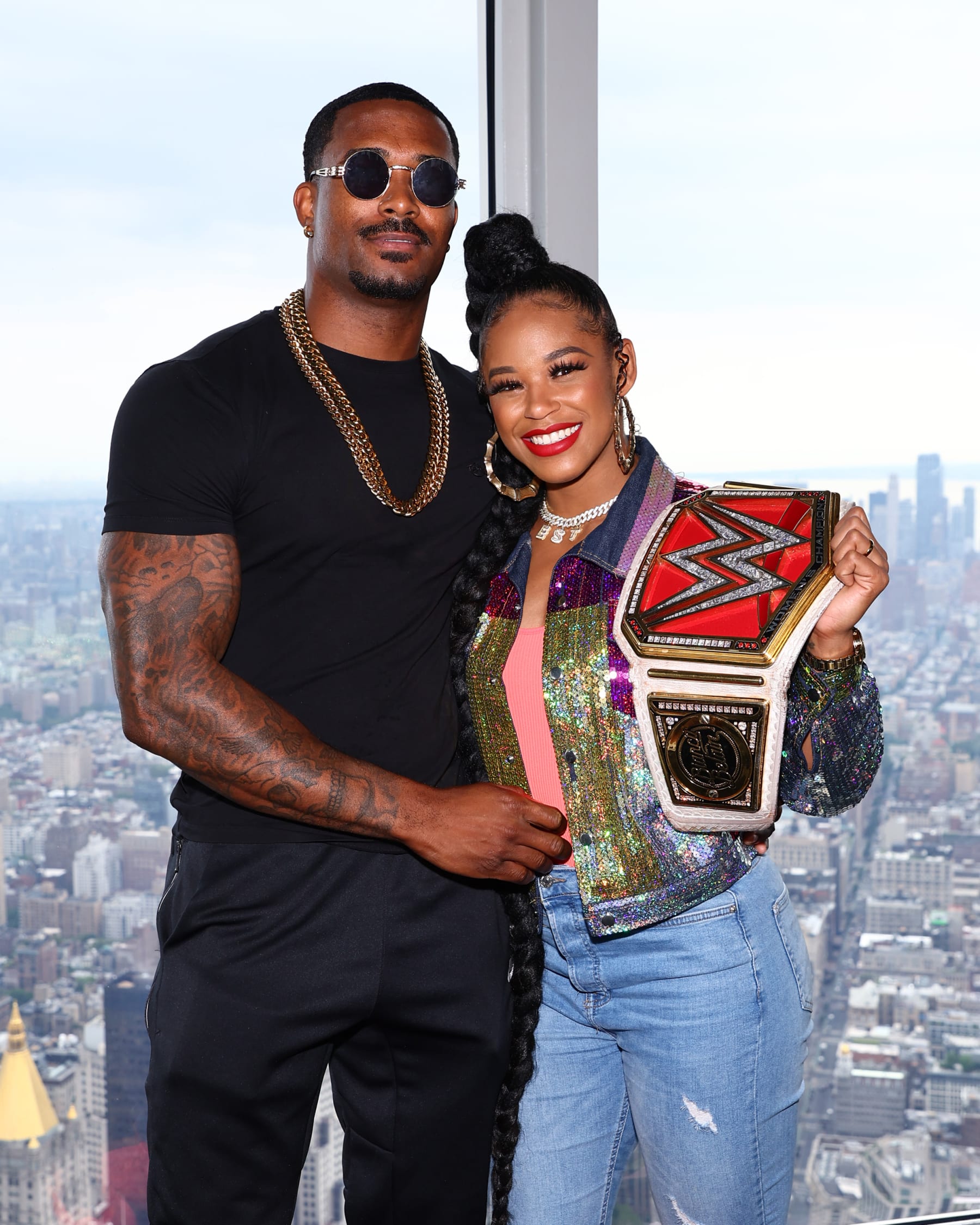 NEW YORK, NEW YORK - JULY 25: Montez Ford and Bianca Belair Visit the Empire State Building at The Empire State Building on July 25, 2022 in New York City. (Photo by Arturo Holmes/Getty Images for Empire State Realty Trust)