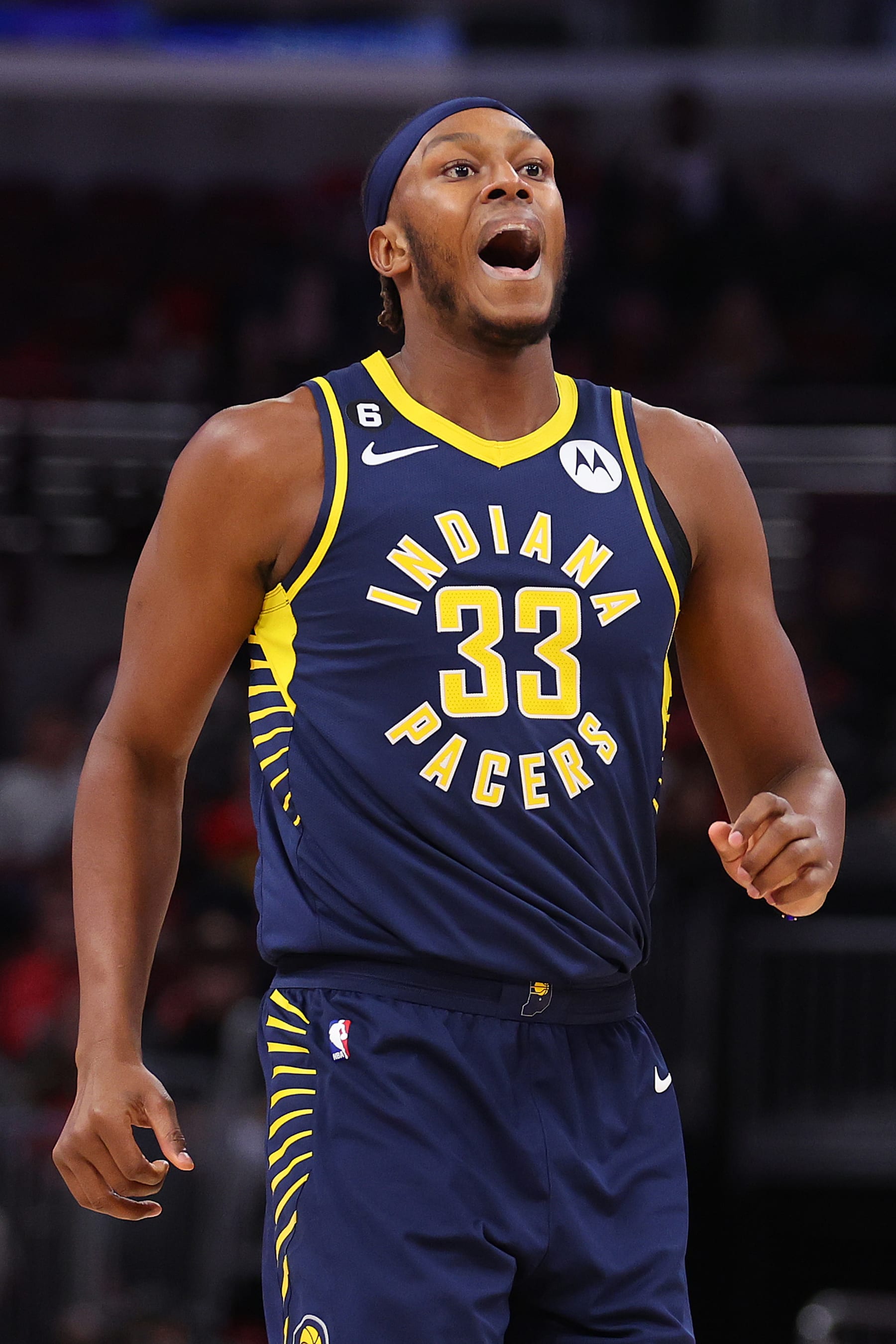 CHICAGO, ILLINOIS - OCTOBER 26: Myles Turner #33 of the Indiana Pacers reacts against the Chicago Bulls during the first half at United Center on October 26, 2022 in Chicago, Illinois. NOTE TO USER: User expressly acknowledges and agrees that, by downloading and or using this photograph, User is consenting to the terms and conditions of the Getty Images License Agreement. (Photo by Michael Reaves/Getty Images)