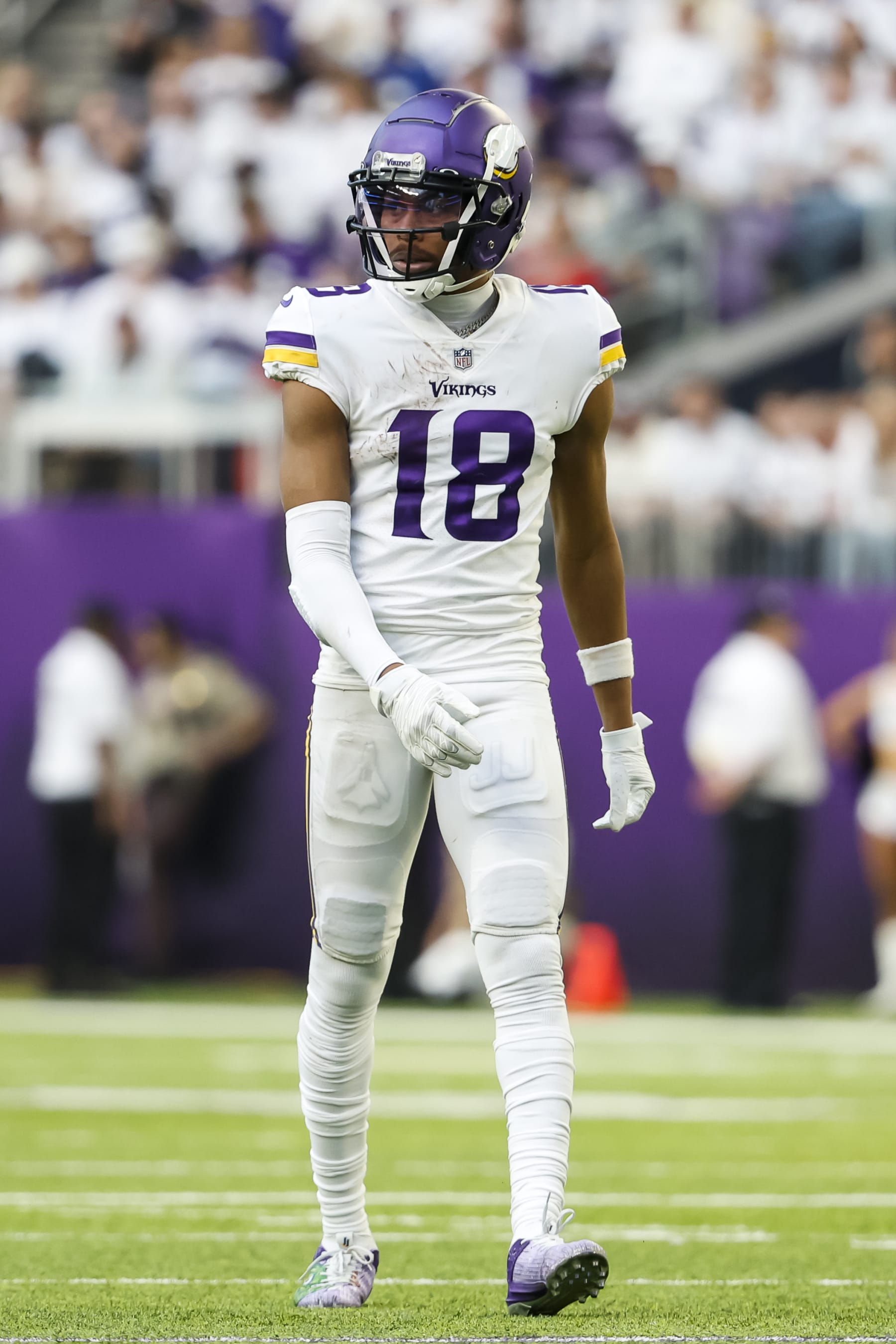 MINNEAPOLIS, MN - DECEMBER 24: Justin Jefferson #18 of the Minnesota Vikings looks on against the New York Giants in the third quarter of the game at U.S. Bank Stadium on December 24, 2022 in Minneapolis, Minnesota. The Vikings defeated the Giants 27-24. (Photo by David Berding/Getty Images)