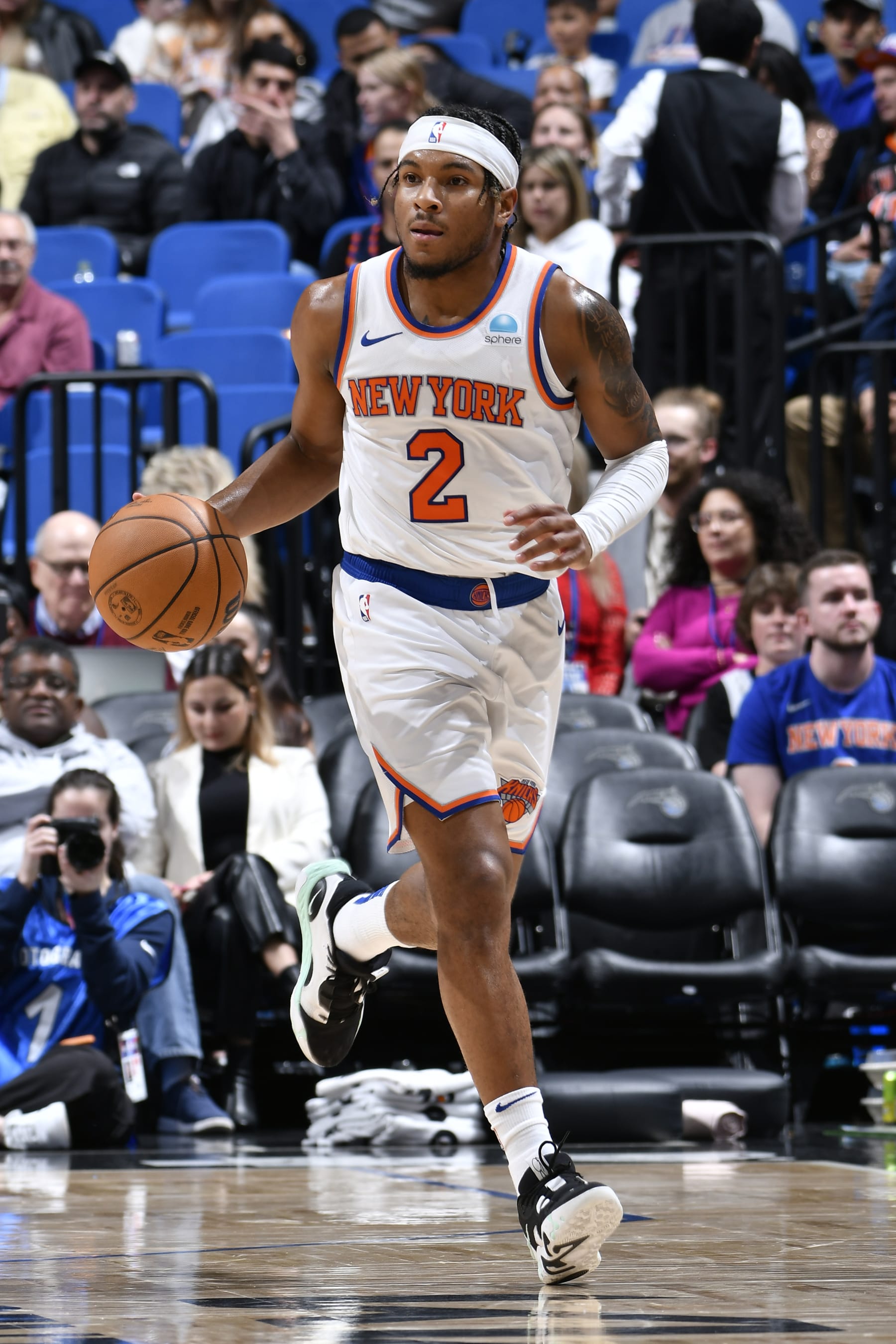ORLANDO, FL - FEBRUARY 14: Miles McBride #2 of the New York Knicks dribbles the ball during the game against the Orlando Magic on February 14, 2024 at the Kia Center in Orlando, Florida. NOTE TO USER: User expressly acknowledges and agrees that, by downloading and or using this photograph, User is consenting to the terms and conditions of the Getty Images License Agreement. Mandatory Copyright Notice: Copyright 2024 NBAE (Photo by Fernando Medina/NBAE via Getty Images)