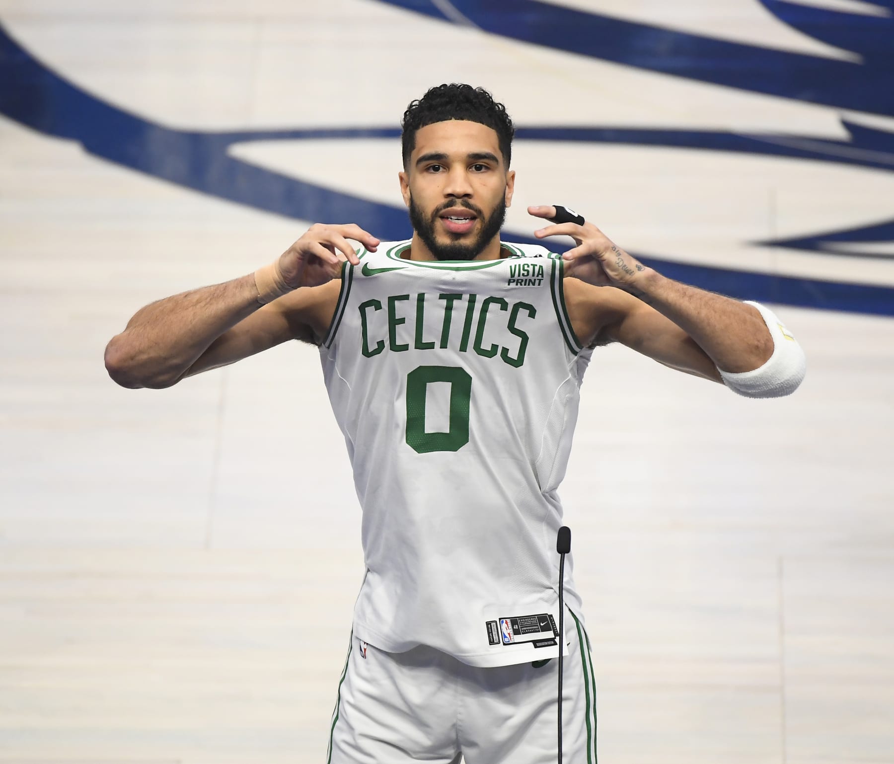 DALLAS, TX - JUNE 12: Jayson Tatum #0 of the Boston Celtics looks on before the game against the Dallas Mavericks during Game 3 of the 2024 NBA Finals on June 12, 2024 at the American Airlines Center in Dallas, Texas. NOTE TO USER: User expressly acknowledges and agrees that, by downloading and or using this photograph, User is consenting to the terms and conditions of the Getty Images License Agreement. Mandatory Copyright Notice: Copyright 2024 NBAE (Photo by Brian Babineau/NBAE via Getty Images)