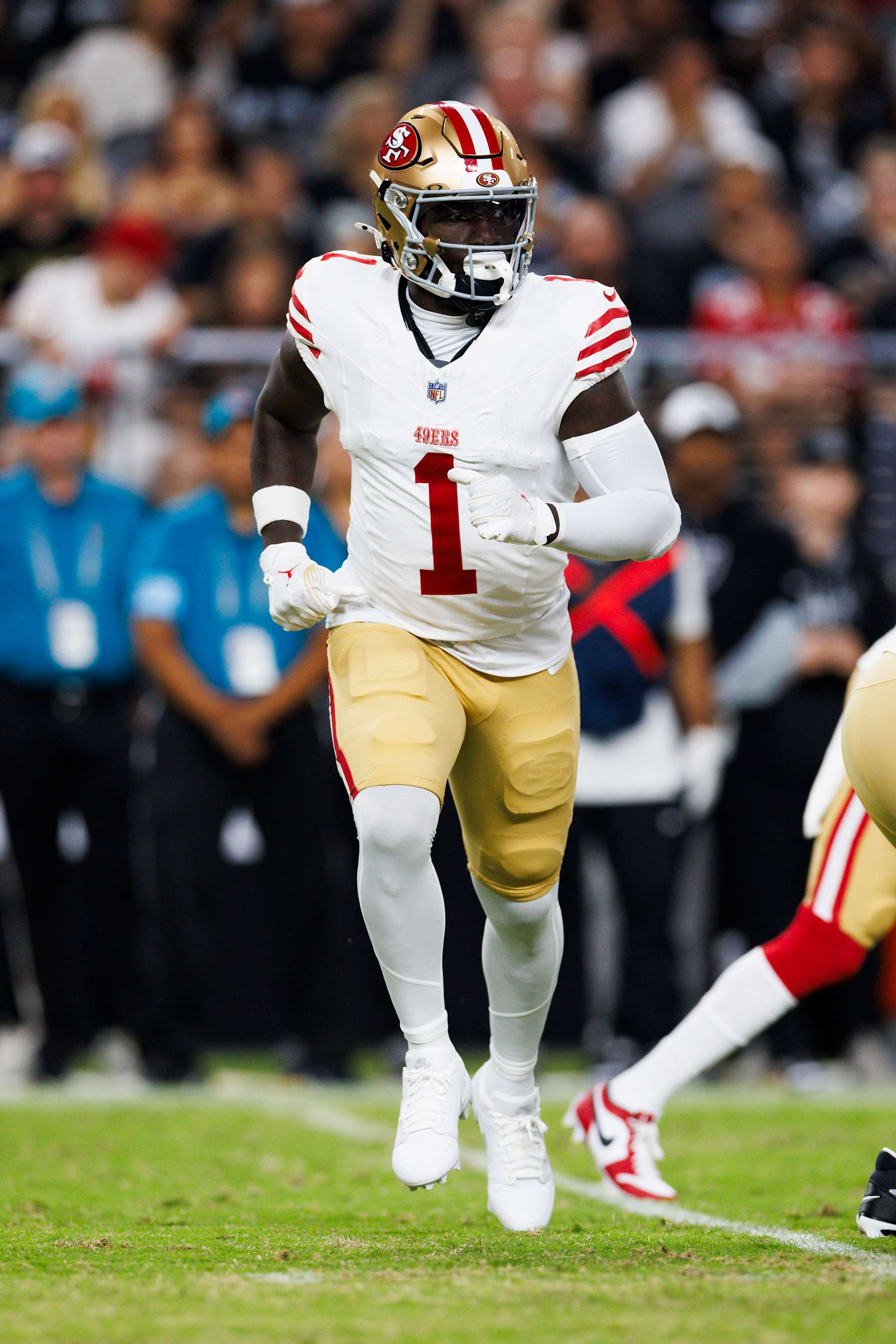 LAS VEGAS, NEVADA - AUGUST 23: Deebo Samuel Sr. #1 of the San Francisco 49ers runs a route during a preseason game against the Las Vegas Raiders at Allegiant Stadium on August 23, 2024 in Las Vegas, Nevada. (Photo by Ric Tapia/Getty Images)