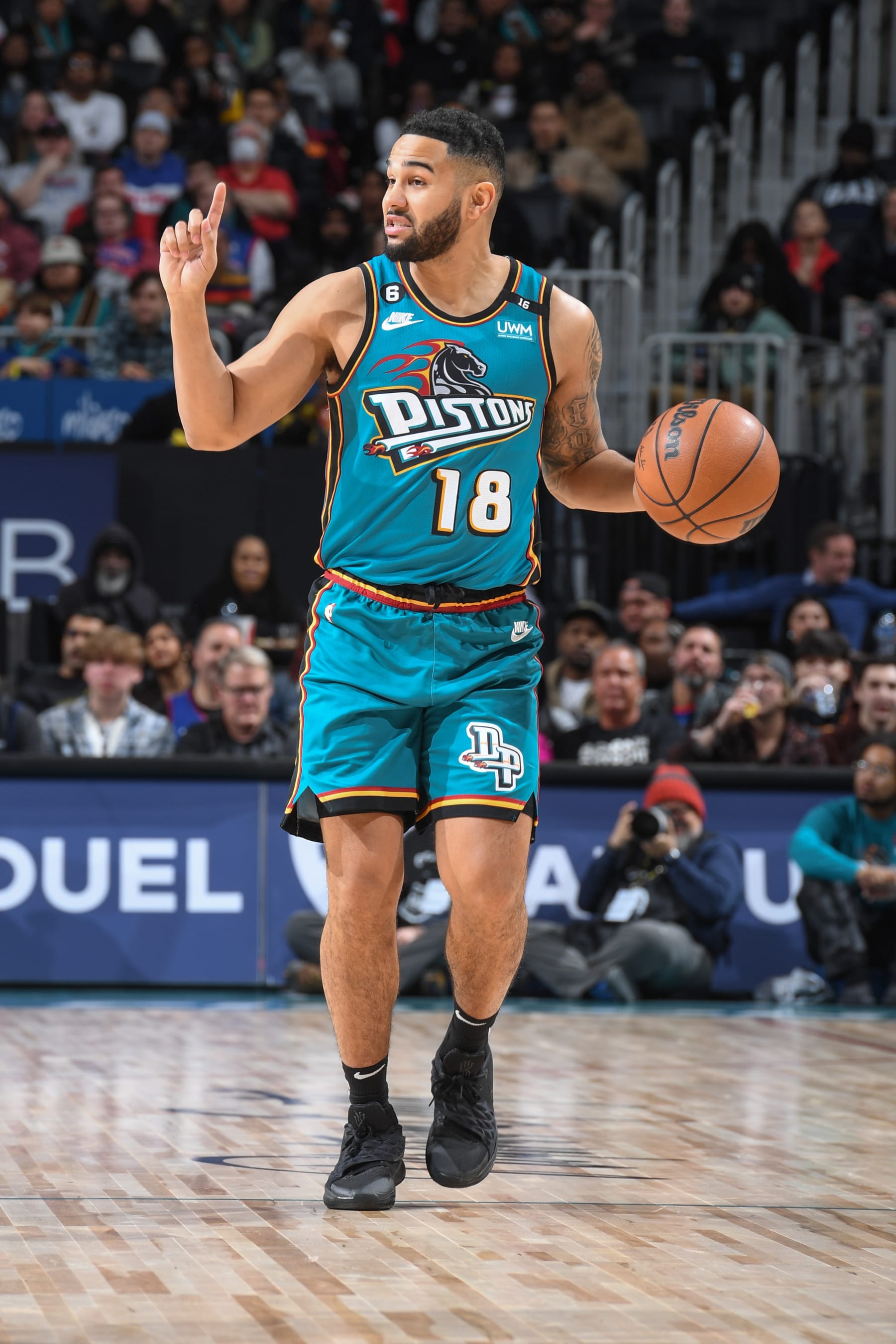 DETROIT, MI - DECEMBER 20:  Cory Joseph #18 of the Detroit Pistons handles the ball during the game against the Utah Jazz on December 20, 2022 at Little Caesars Arena in Detroit, Michigan. NOTE TO USER: User expressly acknowledges and agrees that, by downloading and/or using this photograph, User is consenting to the terms and conditions of the Getty Images License Agreement. Mandatory Copyright Notice: Copyright 2022 NBAE (Photo by Chris Schwegler/NBAE via Getty Images)