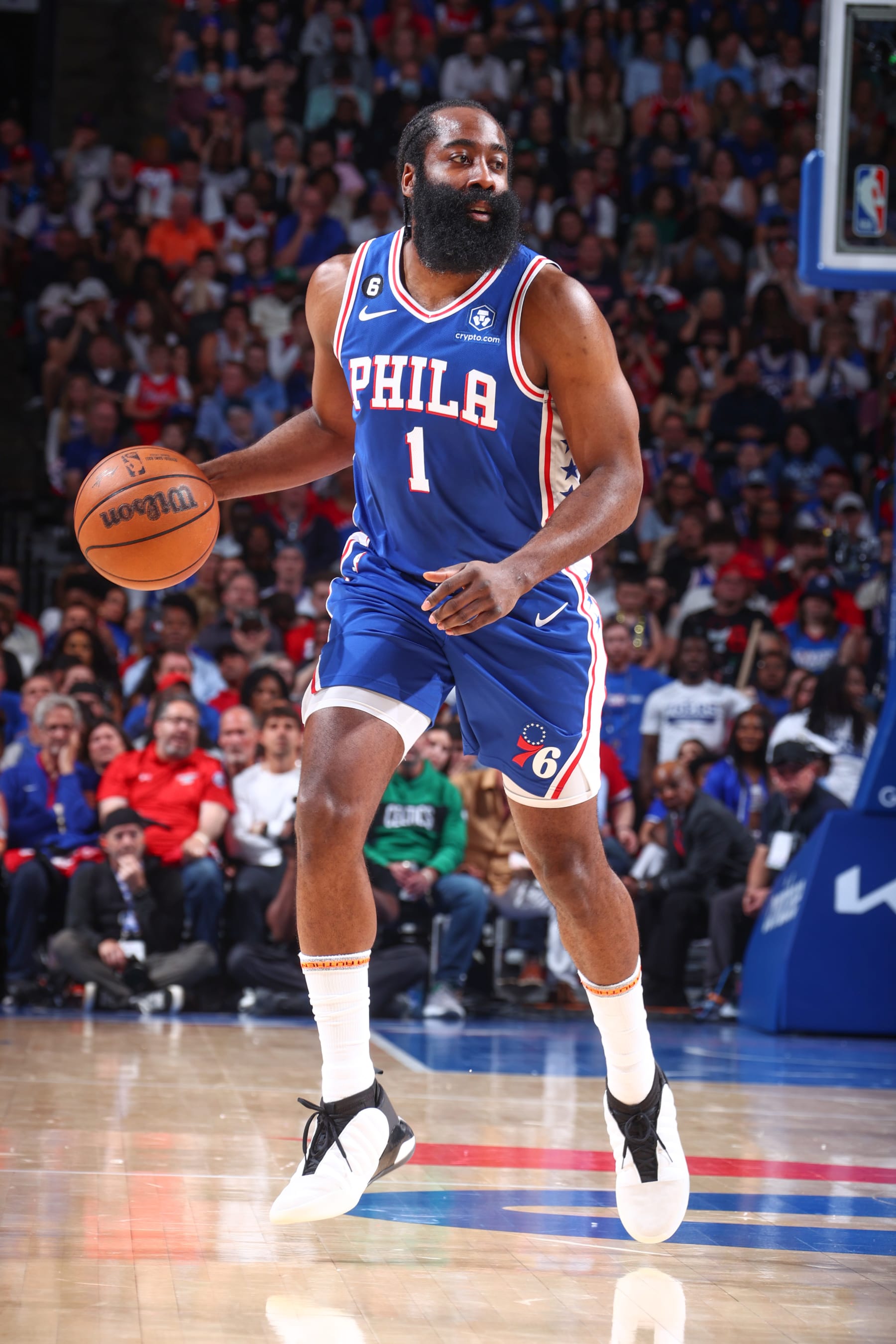 PHILADELPHIA, PA - MAY 11:  James Harden #1 of the Philadelphia 76ers goes to the basket during the game during round two game six of the 2023 NBA Playoffs on on May 11, 2023 at the Wells Fargo Center in Philadelphia, Pennsylvania NOTE TO USER: User expressly acknowledges and agrees that, by downloading and/or using this Photograph, user is consenting to the terms and conditions of the Getty Images License Agreement. Mandatory Copyright Notice: Copyright 2023 NBAE (Photo by Nathaniel S. Butler/NBAE via Getty Images)