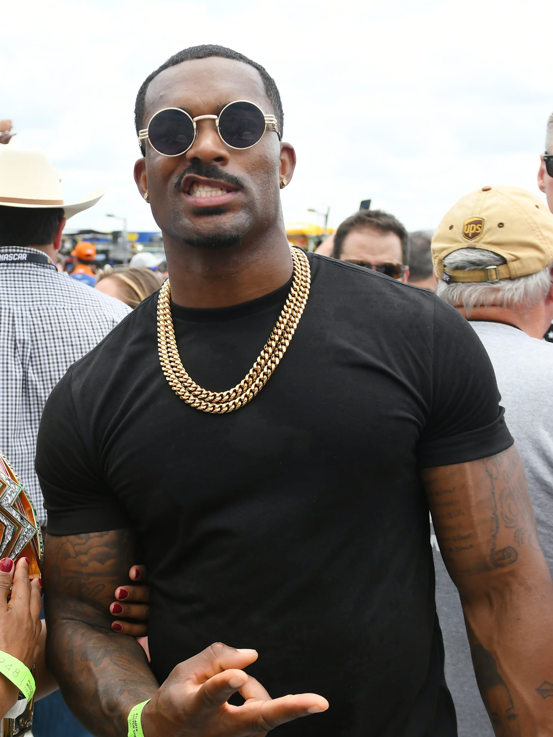 ATLANTA, GA - JULY 10: WWE Superstar Montez Ford looks on during pre-race activities before the running of the NASCAR Cup Series Quaker State 400 Presented by Walmart on July 09, 2022, at Atlanta Motor Speedway in Hampton, GA.(Photo by Jeffrey Vest/Icon Sportswire via Getty Images)