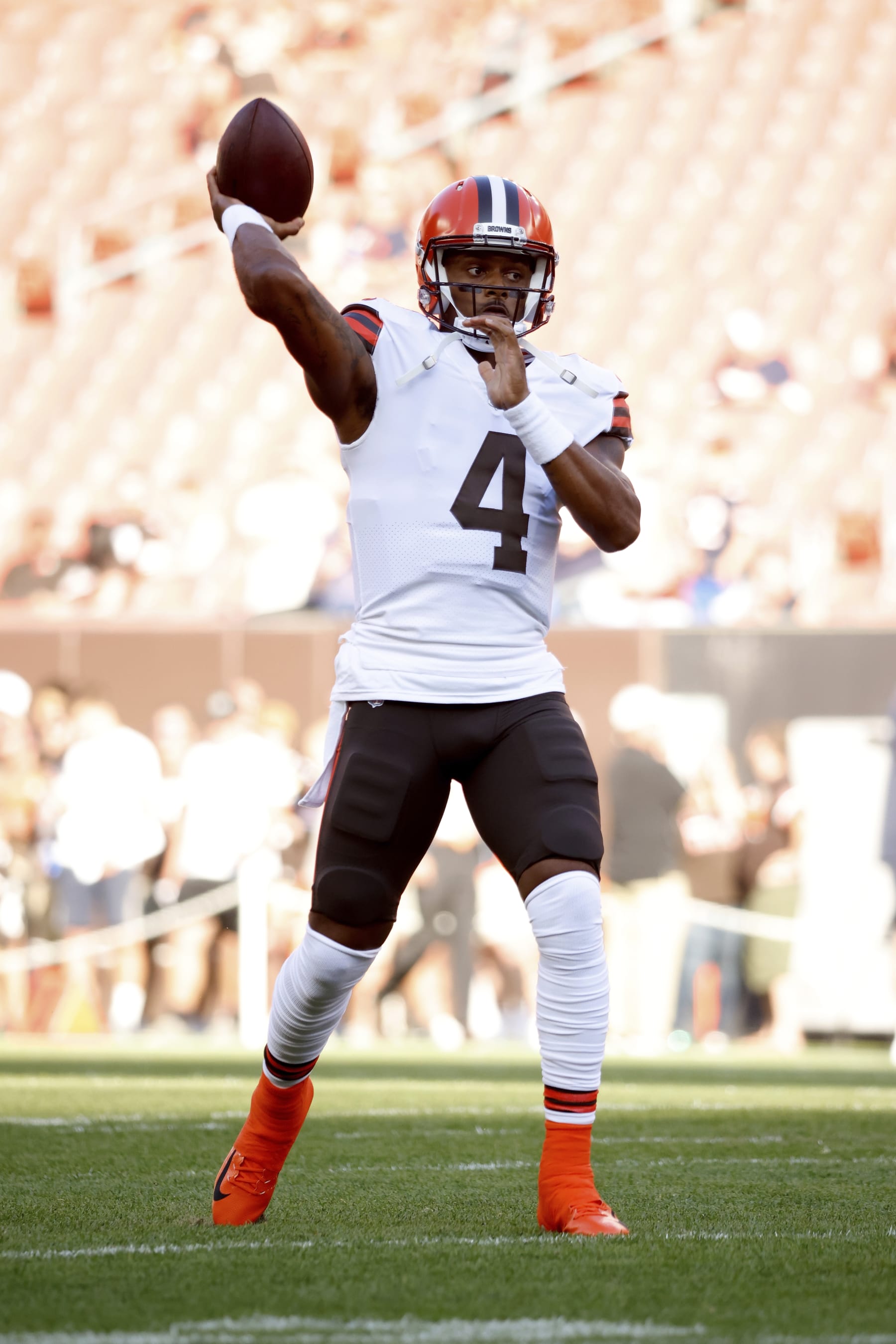 Cleveland Browns quarterback Deshaun Watson (4) warms up prior to the start of an NFL preseason football game against the Chicago Bears, Saturday Aug. 27, 2022, in Cleveland. (AP Photo/Kirk Irwin)