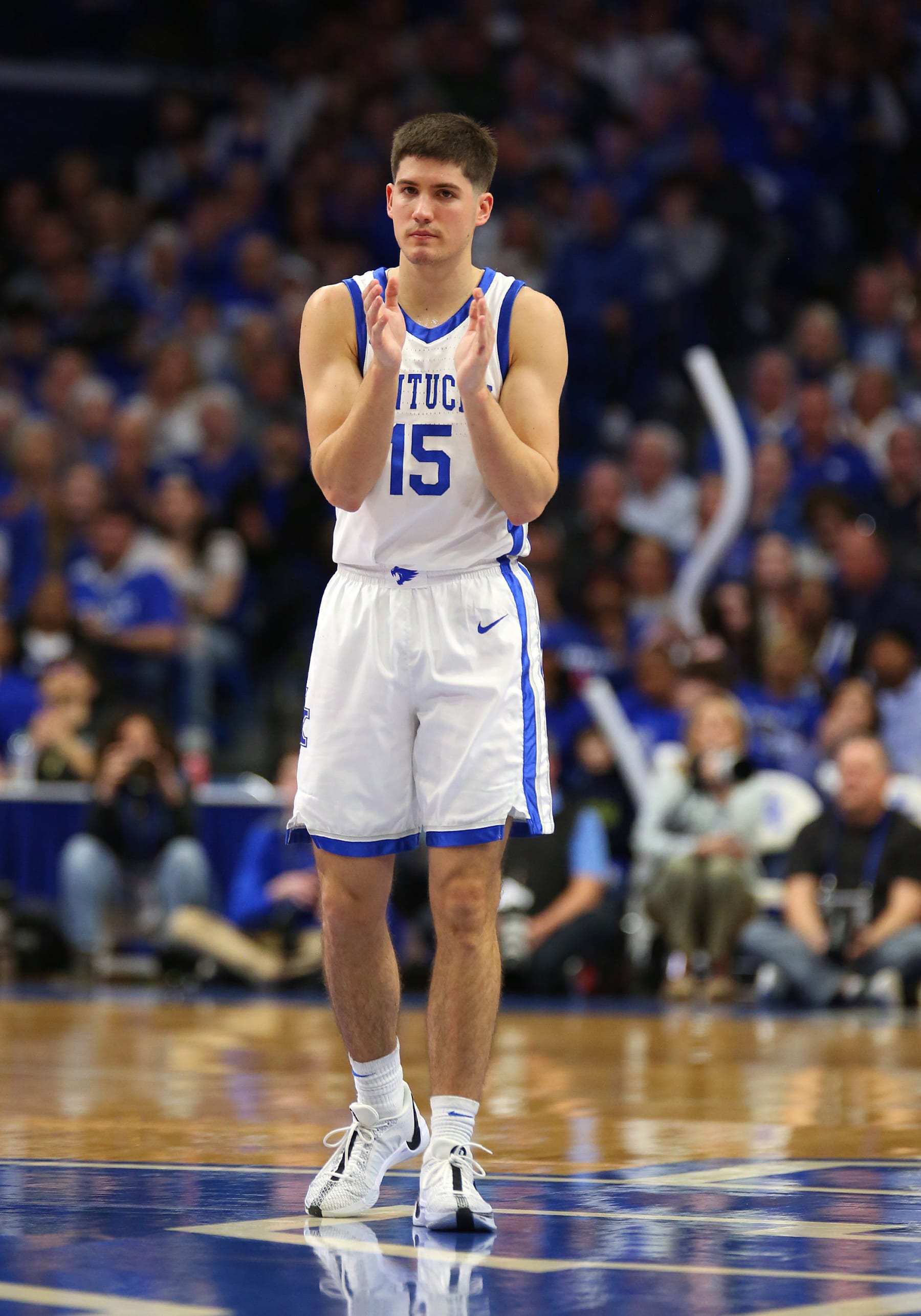 LEXINGTON, KY - MARCH 02: Kentucky Wildcats guard Reed Sheppard (15) in a game between the Arkansas Razorbacks and the Kentucky Wildcats on March 2, 2024, at Rupp Arena in Lexington, KY. (Photo by Jeff Moreland/Icon Sportswire via Getty Images)