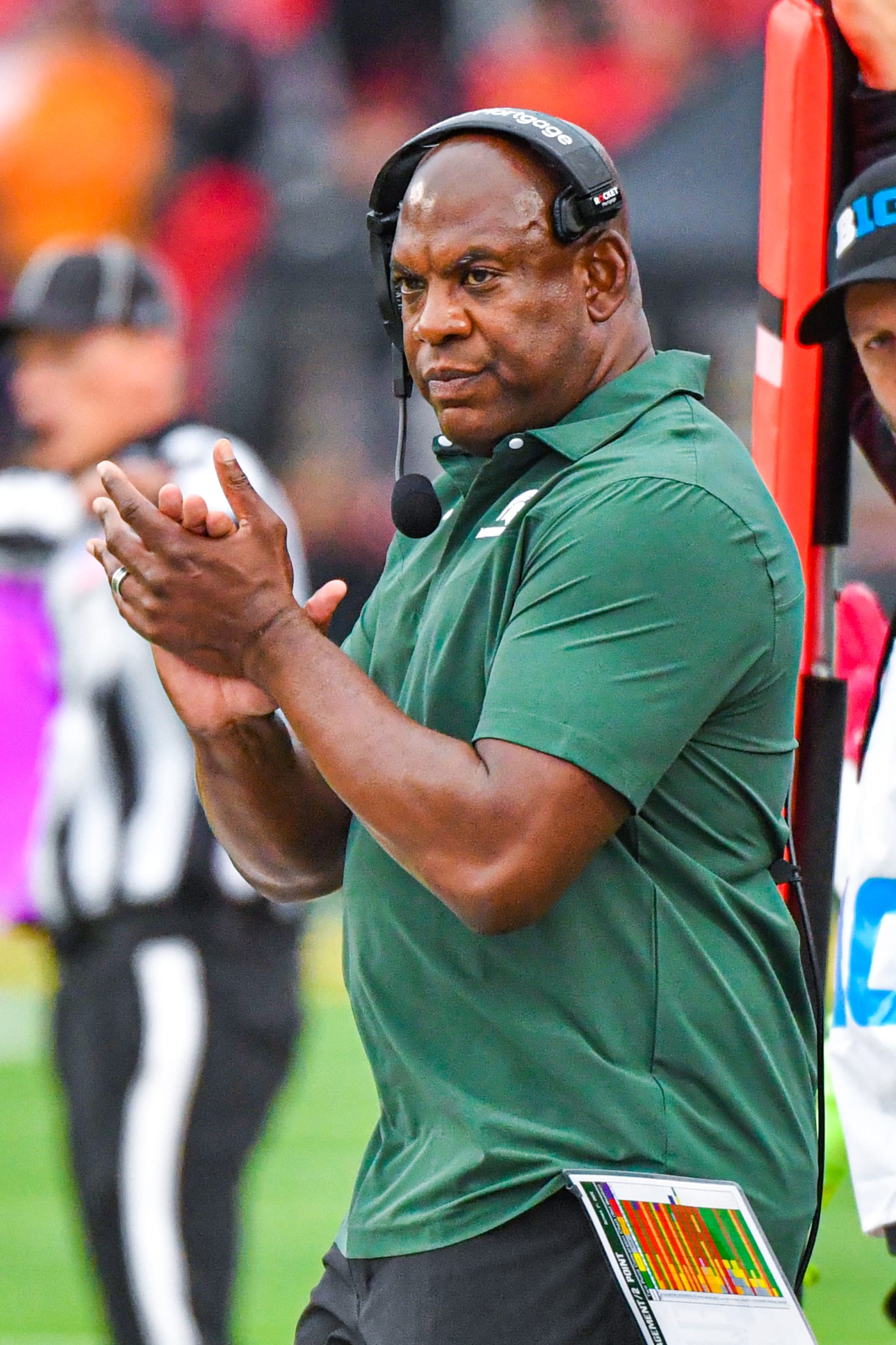 COLLEGE PARK, MARYLAND - OCTOBER 01: Head Football Coach Mel Tucker reacts to a play during the second half of the game against the Maryland Terrapins at Capital One Field at Maryland Stadium on October 01, 2022 in College Park, Maryland. The Maryland Terrapins won the game 27-13 over the Michigan State Spartans. (Photo by Aaron J. Thornton/Getty Images)
