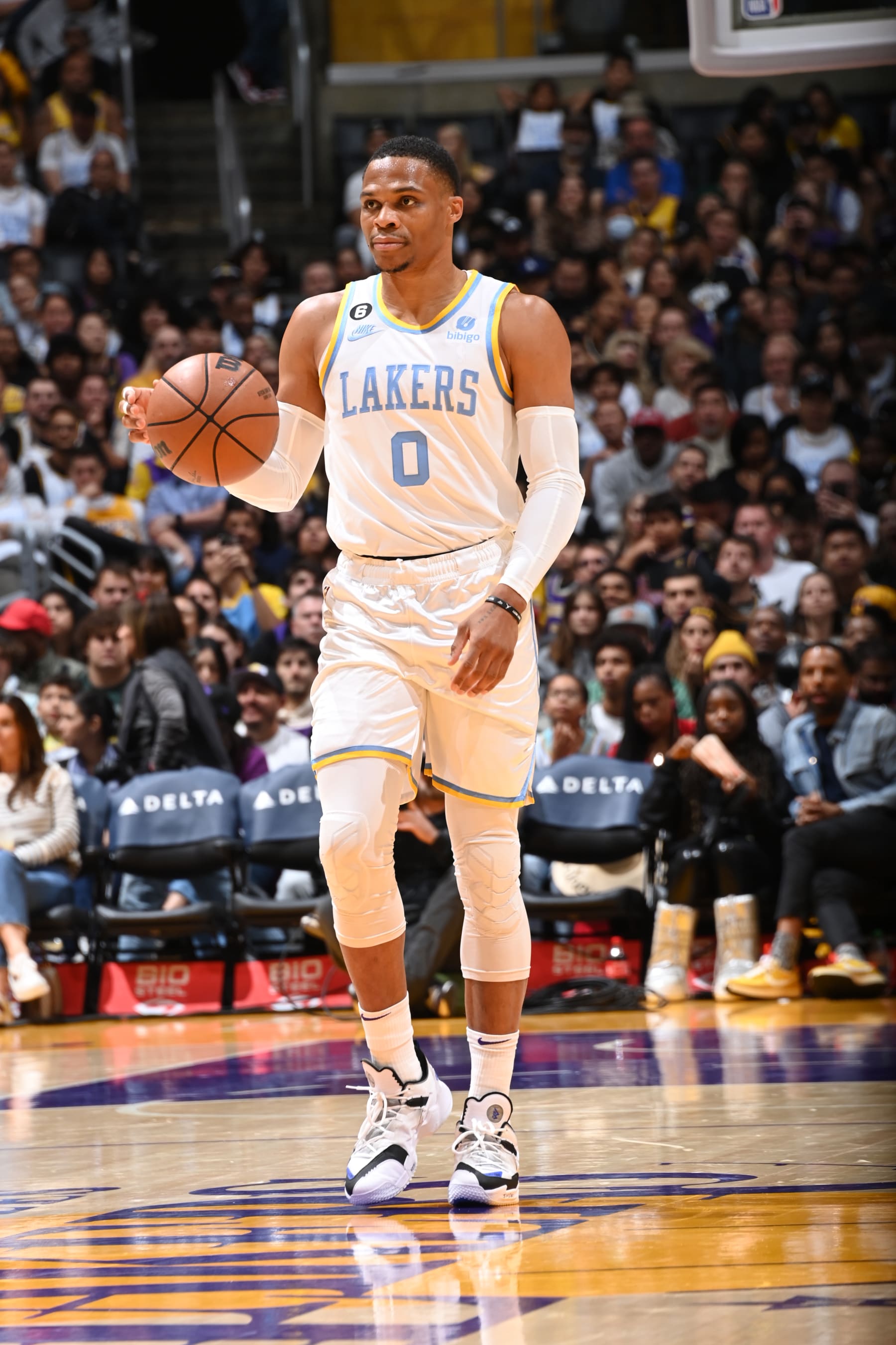LOS ANGELES, CA - OCTOBER 30: Russell Westbrook #0 of the Los Angeles Lakers dribbles the ball during the game against the Denver Nuggets on October 30, 2022 at Crypto.Com Arena in Los Angeles, California. NOTE TO USER: User expressly acknowledges and agrees that, by downloading and/or using this Photograph, user is consenting to the terms and conditions of the Getty Images License Agreement. Mandatory Copyright Notice: Copyright 2022 NBAE (Photo by Andrew D. Bernstein/NBAE via Getty Images)
