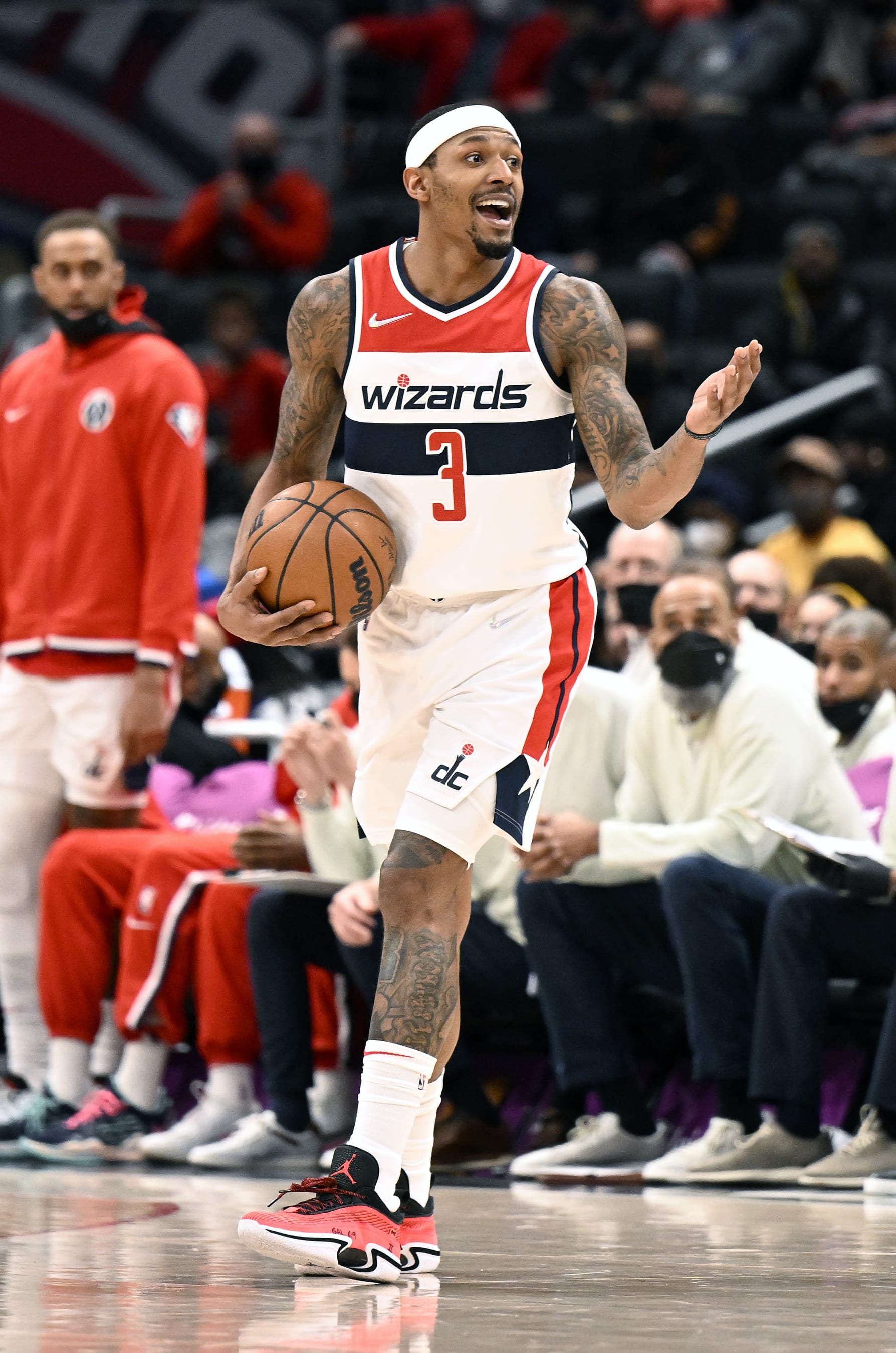WASHINGTON, DC - JANUARY 25: Bradley Beal #3 of the Washington Wizards reacts to a call in the fourth quarter against the LA Clippers at Capital One Arena on January 25, 2022 in Washington, DC. NOTE TO USER: User expressly acknowledges and agrees that, by downloading and or using this photograph, User is consenting to the terms and conditions of the Getty Images License Agreement.  (Photo by G Fiume/Getty Images)