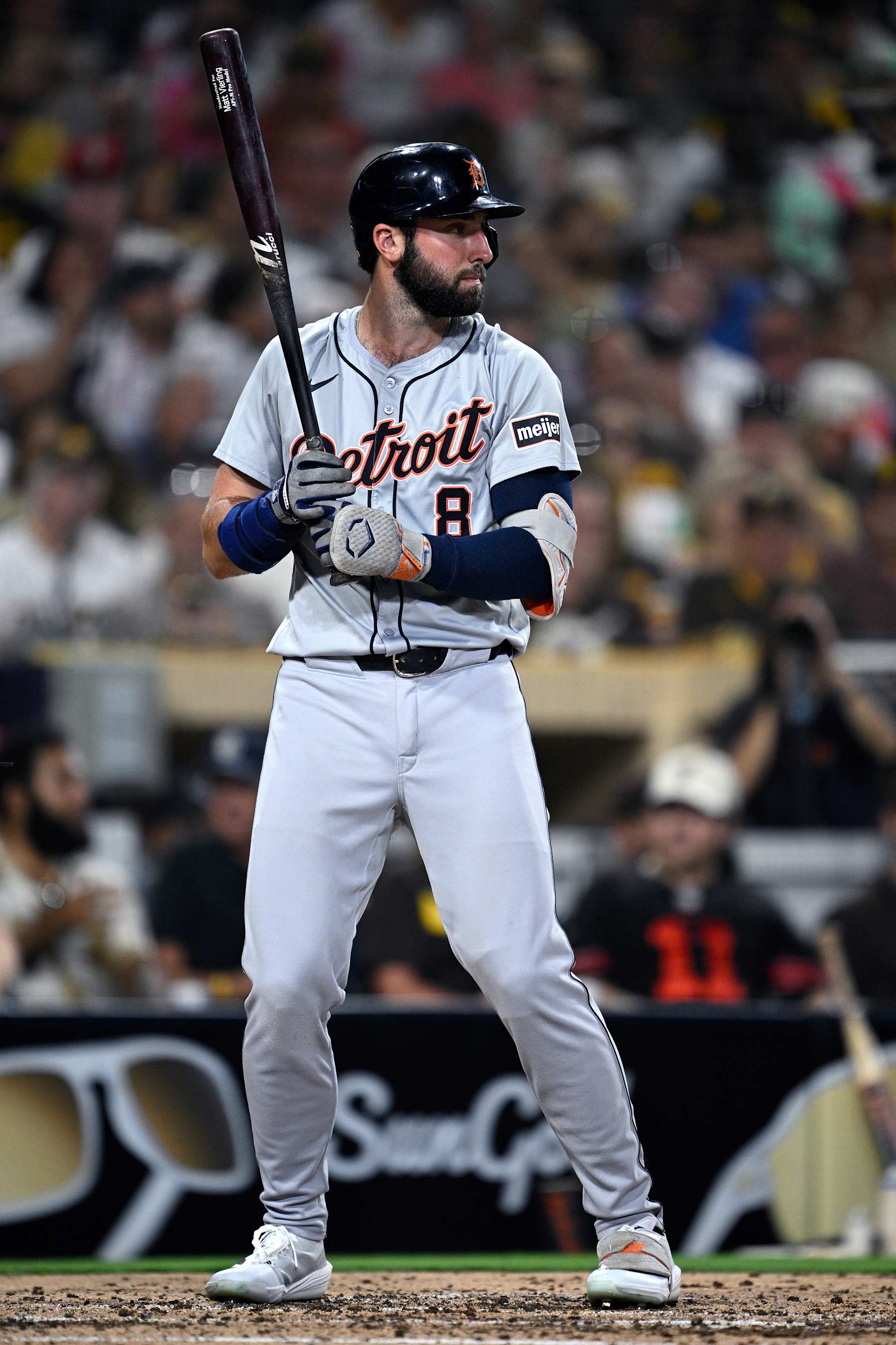 SAN DIEGO, CALIFORNIA - SEPTEMBER 04: Matt Vierling #8 of the Detroit Tigers bats during the third inning against the San Diego Padres at Petco Park on September 04, 2024 in San Diego, California. (Photo by Orlando Ramirez/Getty Images)