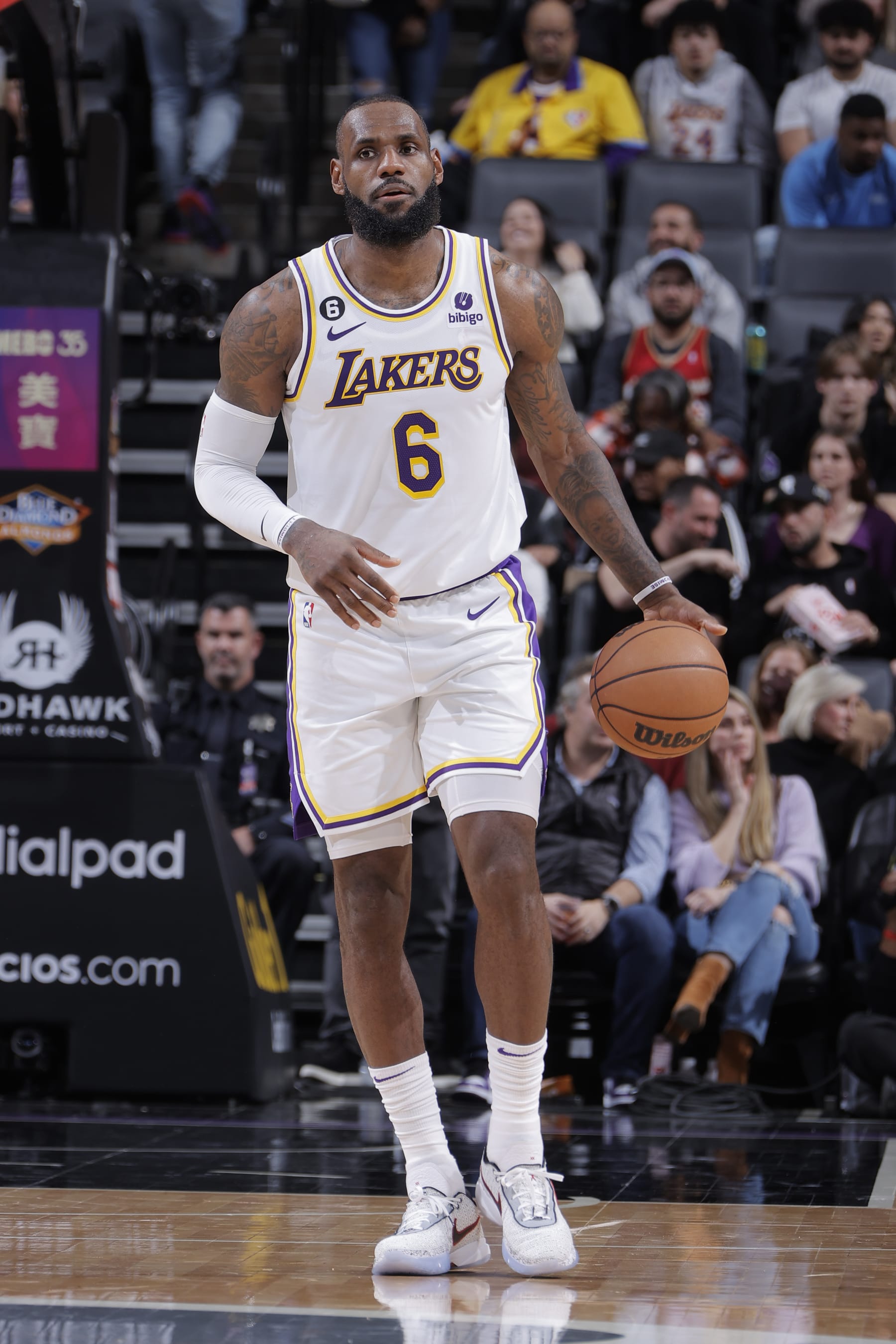 SACRAMENTO, CA - JANUARY 7: LeBron James #6 of the Los Angeles Lakers dribbles the ball during the game against the Sacramento Kings on January 7, 2023 at Golden 1 Center in Sacramento, California. NOTE TO USER: User expressly acknowledges and agrees that, by downloading and or using this Photograph, user is consenting to the terms and conditions of the Getty Images License Agreement. Mandatory Copyright Notice: Copyright 2023 NBAE (Photo by Rocky Widner/NBAE via Getty Images)