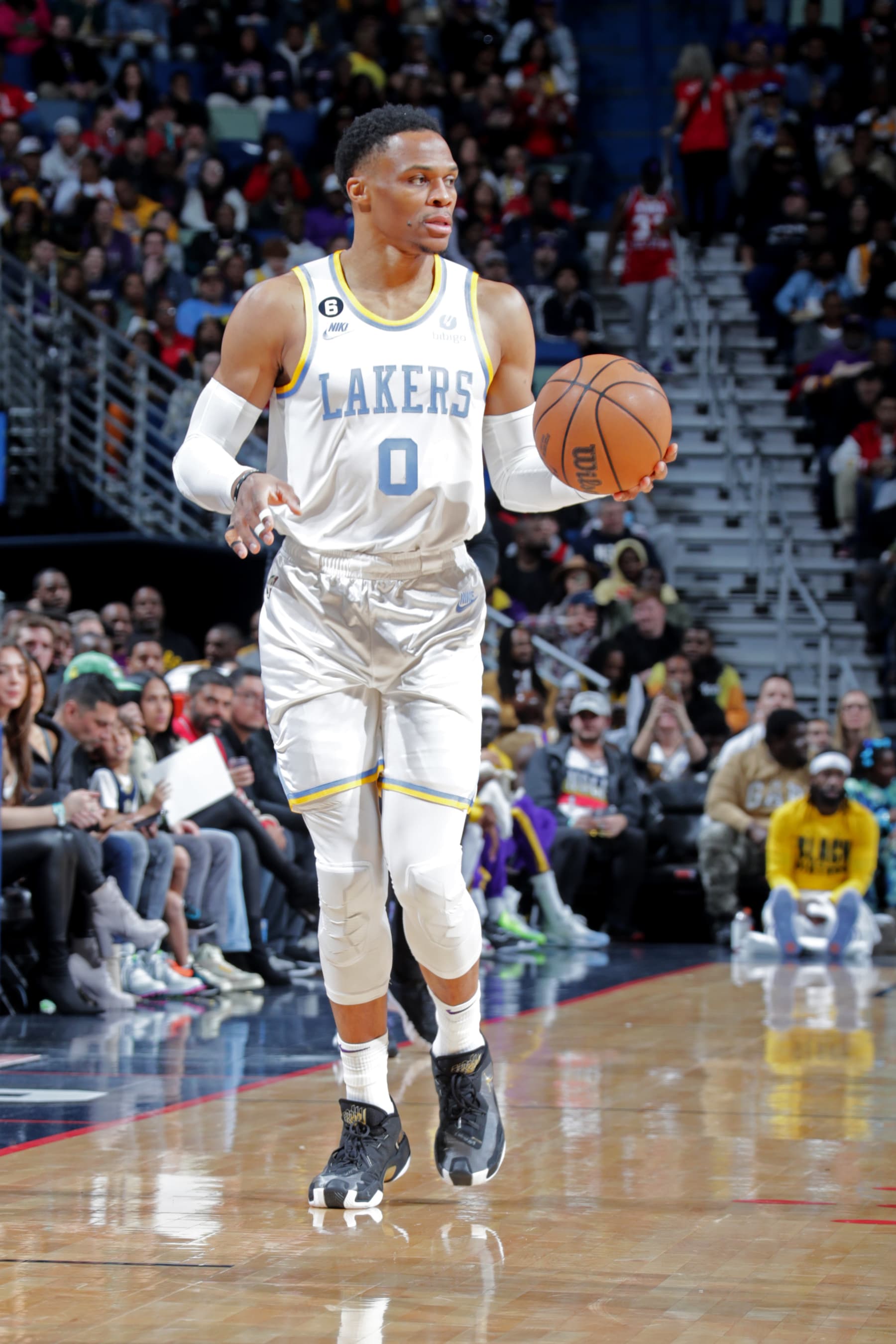NEW ORLEANS, LA - FEBRUARY 4: Russell Westbrook #0 of the Los Angeles Lakers dribbles the ball against the New Orleans Pelicans on February 4, 2023 at the Smoothie King Center in New Orleans, Louisiana. NOTE TO USER: User expressly acknowledges and agrees that, by downloading and or using this Photograph, user is consenting to the terms and conditions of the Getty Images License Agreement. Mandatory Copyright Notice: Copyright 2023 NBAE (Photo by Layne Murdoch Jr./NBAE via Getty Images)