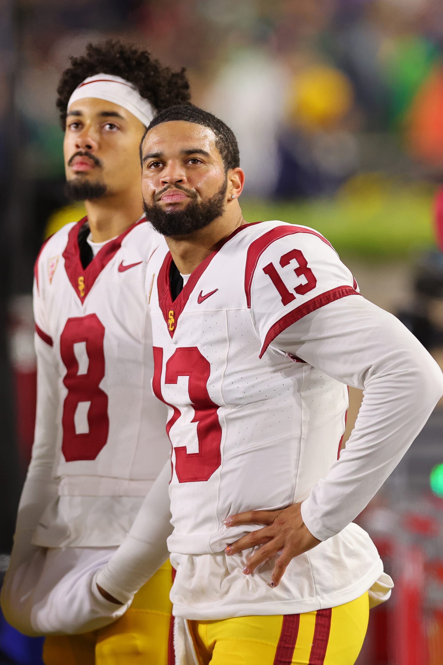 SOUTH BEND, INDIANA - OCTOBER 14: Caleb Williams #13 of the USC Trojans reacts against the Notre Dame Fighting Irish during the first half at Notre Dame Stadium on October 14, 2023 in South Bend, Indiana. (Photo by Michael Reaves/Getty Images)
