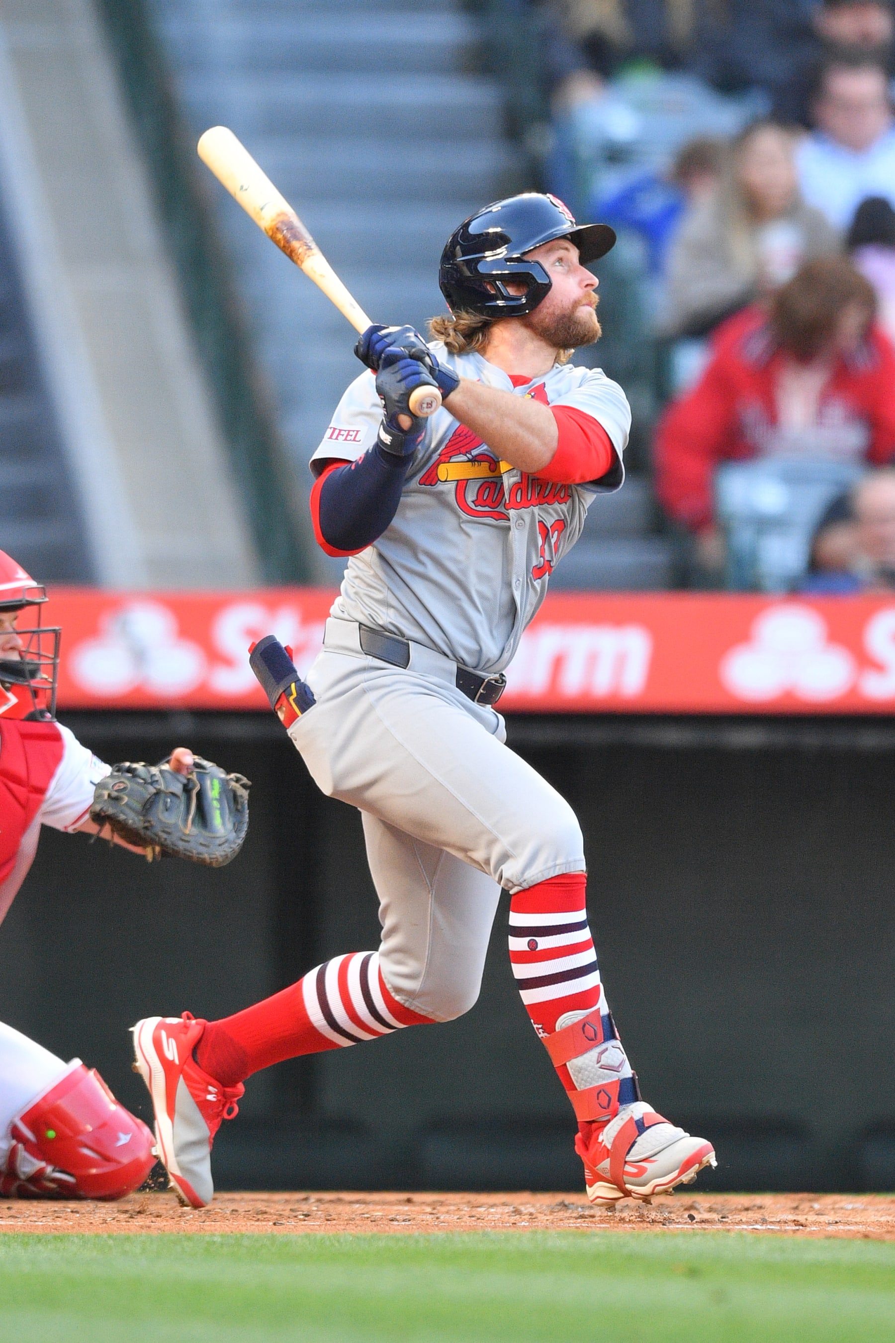 ANAHEIM, CA - MAY 13: St. Louis Cardinals left fielder Brendan Donovan (33) swings at a pitch during the MLB game between the St. Louis Cardinals and the Los Angeles Angels of Anaheim on May 13, 2024 at Angel Stadium of Anaheim in Anaheim, CA. (Photo by Brian Rothmuller/Icon Sportswire via Getty Images)