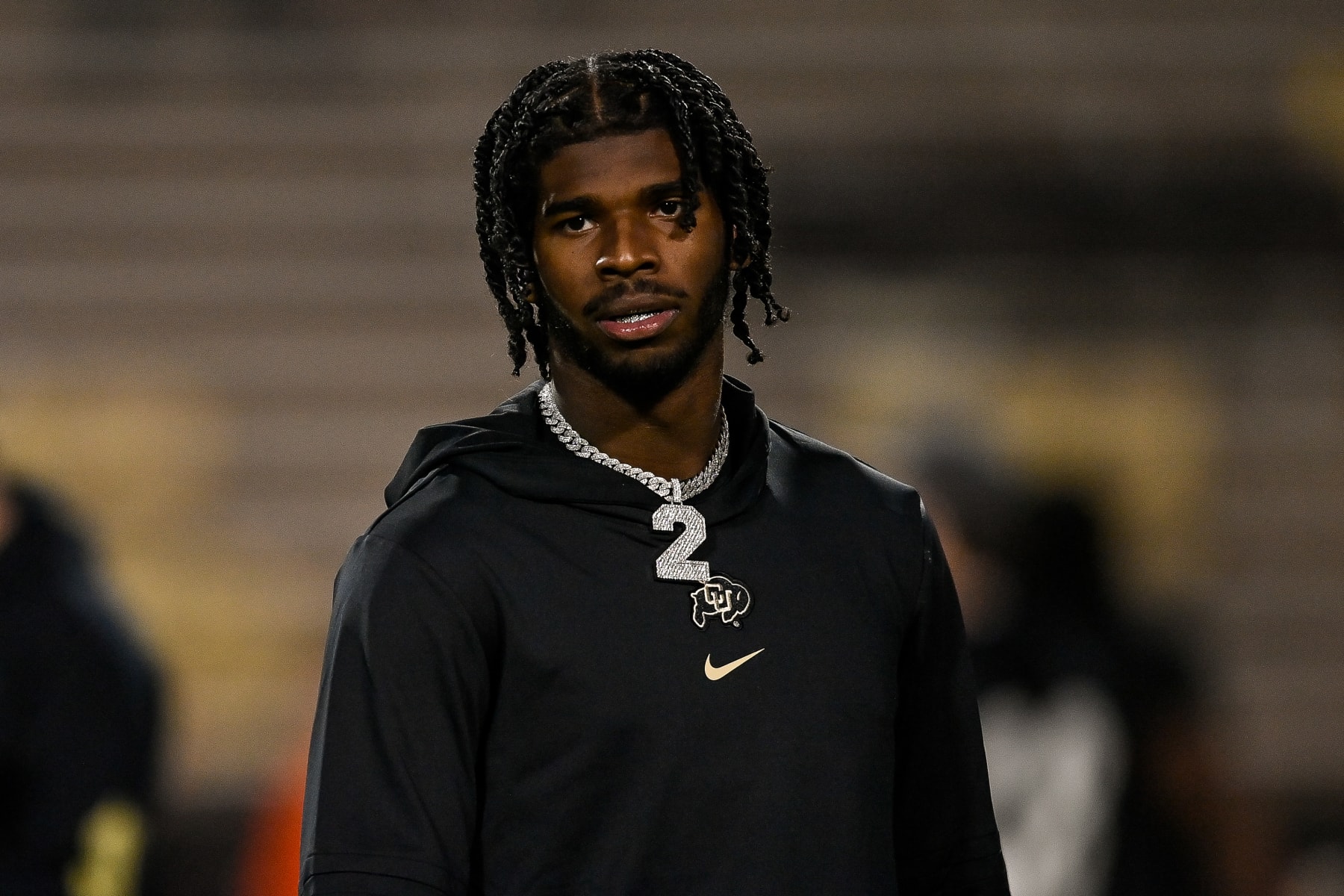 BOULDER, CO - NOVEMBER 4:  Quarterback Shedeur Sanders #2 of the Colorado Buffaloes looks on before a game against the Oregon State Beavers at Folsom Field on November 4, 2023 in Boulder, Colorado. (Photo by Dustin Bradford/Getty Images)