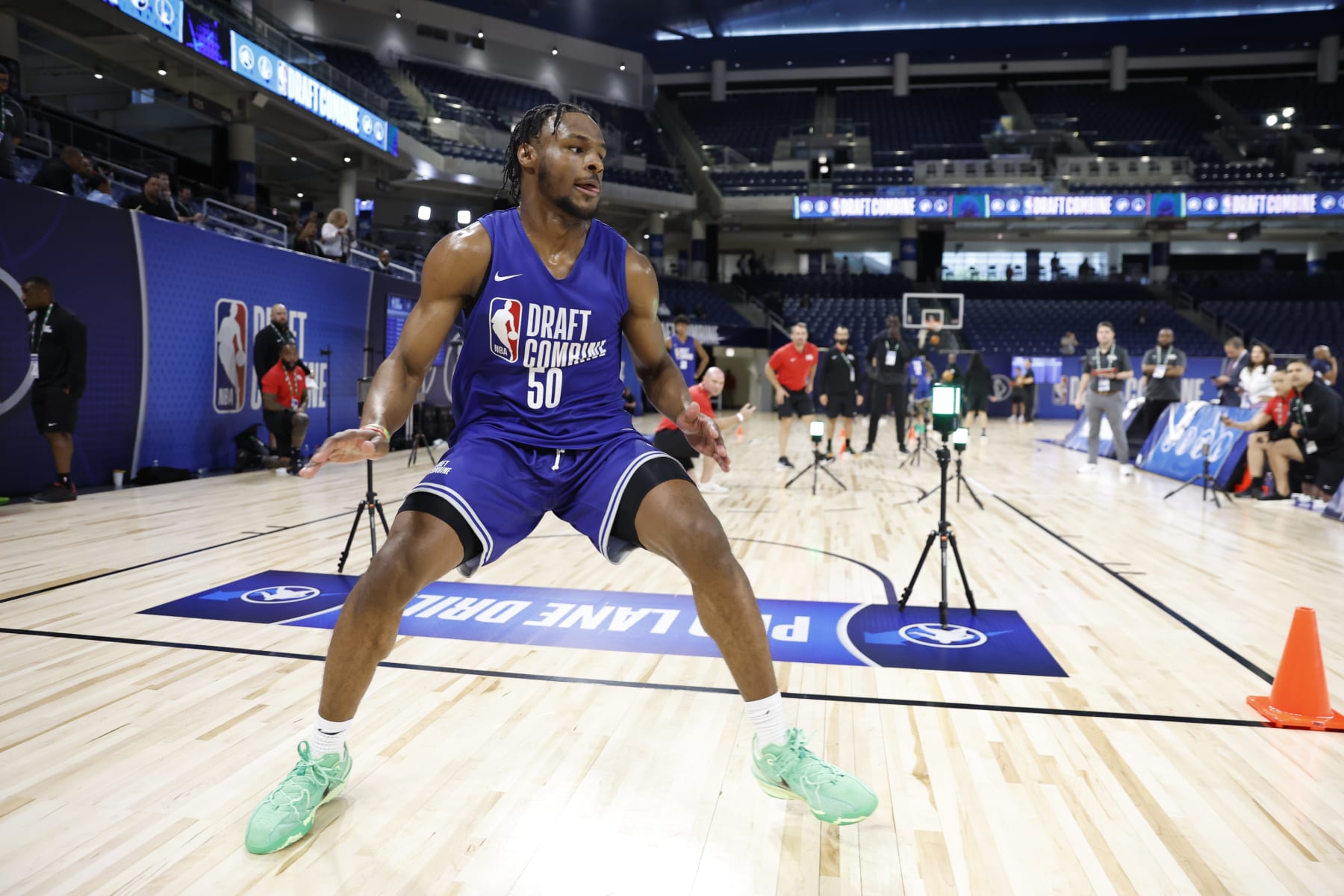 CHICAGO, IL - MAY 13: Bronny James does the agility drill during the 2024 NBA Combine on May 13, 2024 at Wintrust Arena in Chicago, Illinois. NOTE TO USER: User expressly acknowledges and agrees that, by downloading and or using this photograph, User is consenting to the terms and conditions of the Getty Images License Agreement. Mandatory Copyright Notice: Copyright 2024 NBAE (Photo by Kamil Krzaczynski/NBAE via Getty Images)