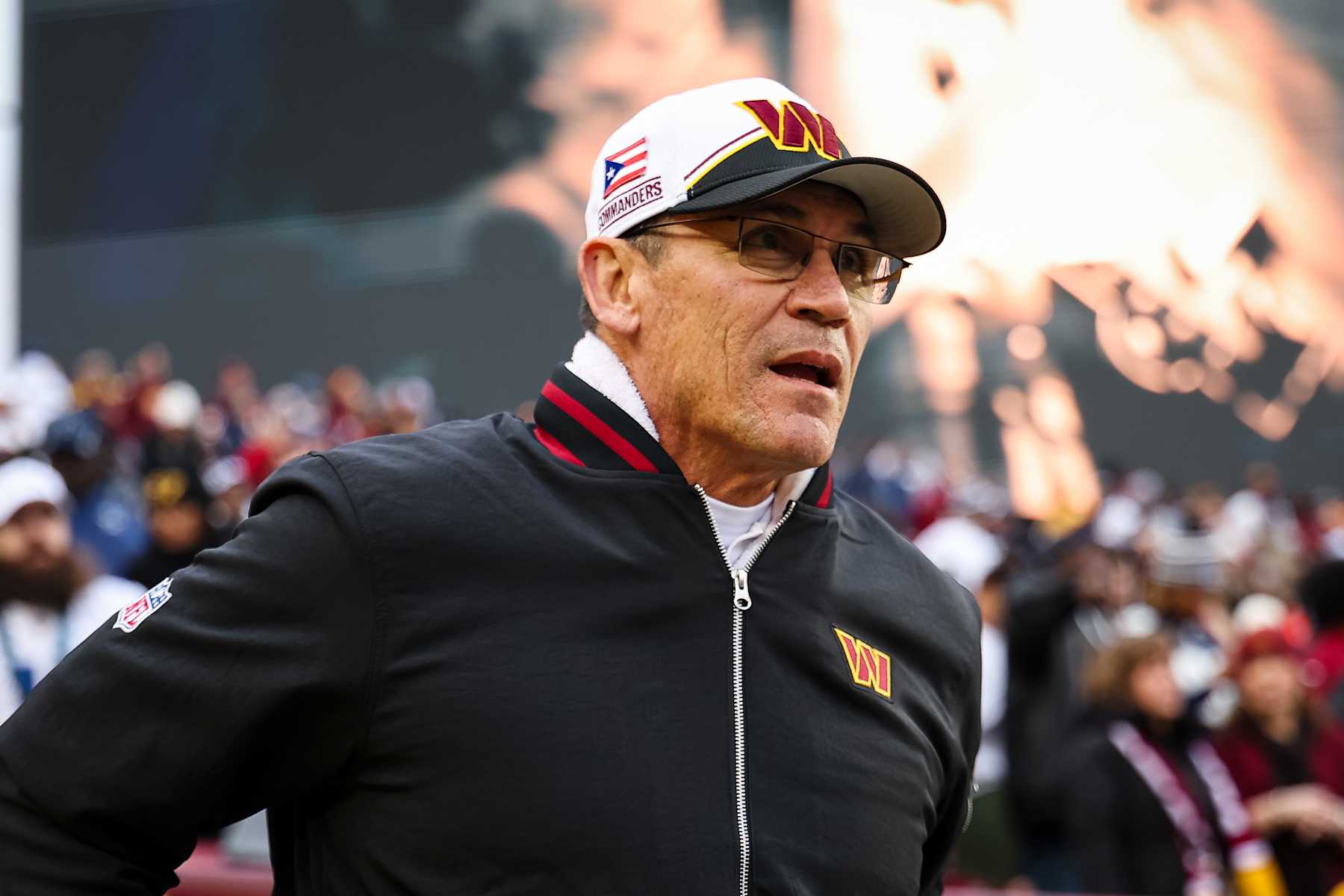 LANDOVER, MD - JANUARY 07: Head coach Ron Rivera of the Washington Commanders takes the field before the game against the Dallas Cowboys at FedExField on January 7, 2024 in Landover, Maryland. (Photo by Scott Taetsch/Getty Images)