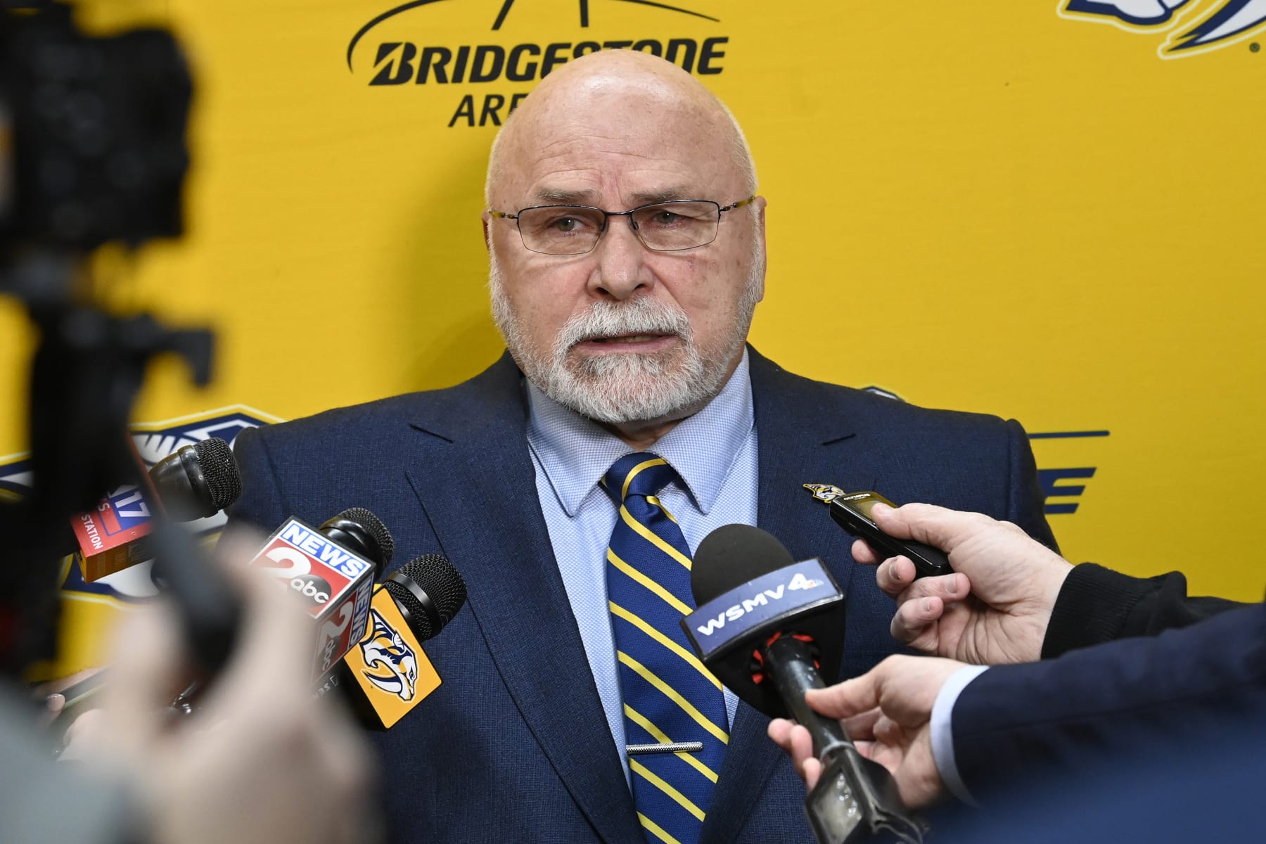 Former Nashville Predators head coach Barry Trotz speaks with members of the media after a news conference Monday, Feb. 27, 2023, in Nashville, Tenn. Trotz will become the next general manager of the Nashville Predators in July when general manager David Poile retires. (AP Photo/Mark Zaleski)