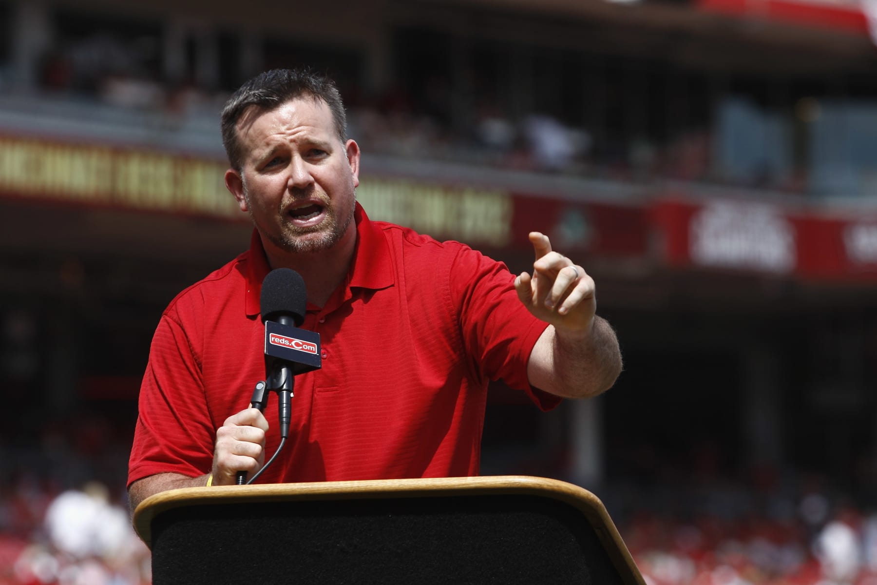 CINCINNATI, OH - JUNE 23: Cincinnati Reds Hall of Fame inductee Sean Casey addresses the crowd before the start of the game against the Minnesota Twins at Great American Ball Park on June 23, 2012 in Cincinnati, Ohio. (Photo by John Grieshop/Getty Images) CINCINNATI, OH - JUNE 23: Cincinnati Reds Hall of Fame inductee Sean Casey addresses the crowd before the start of the game against the Minnesota Twins at Great American Ball Park on June 23, 2012 in Cincinnati, Ohio. (Photo by John Grieshop/Getty Images)