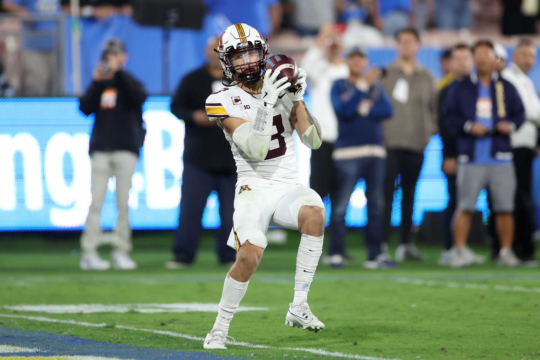 PASADENA, CALIFORNIA - OCTOBER 12: Koi Perich #3 of the Minnesota Golden Gophers intercepts a pass during the second half of a game against the UCLA Bruins at Rose Bowl on October 12, 2024 in Pasadena, California. (Photo by Sean M. Haffey/Getty Images)