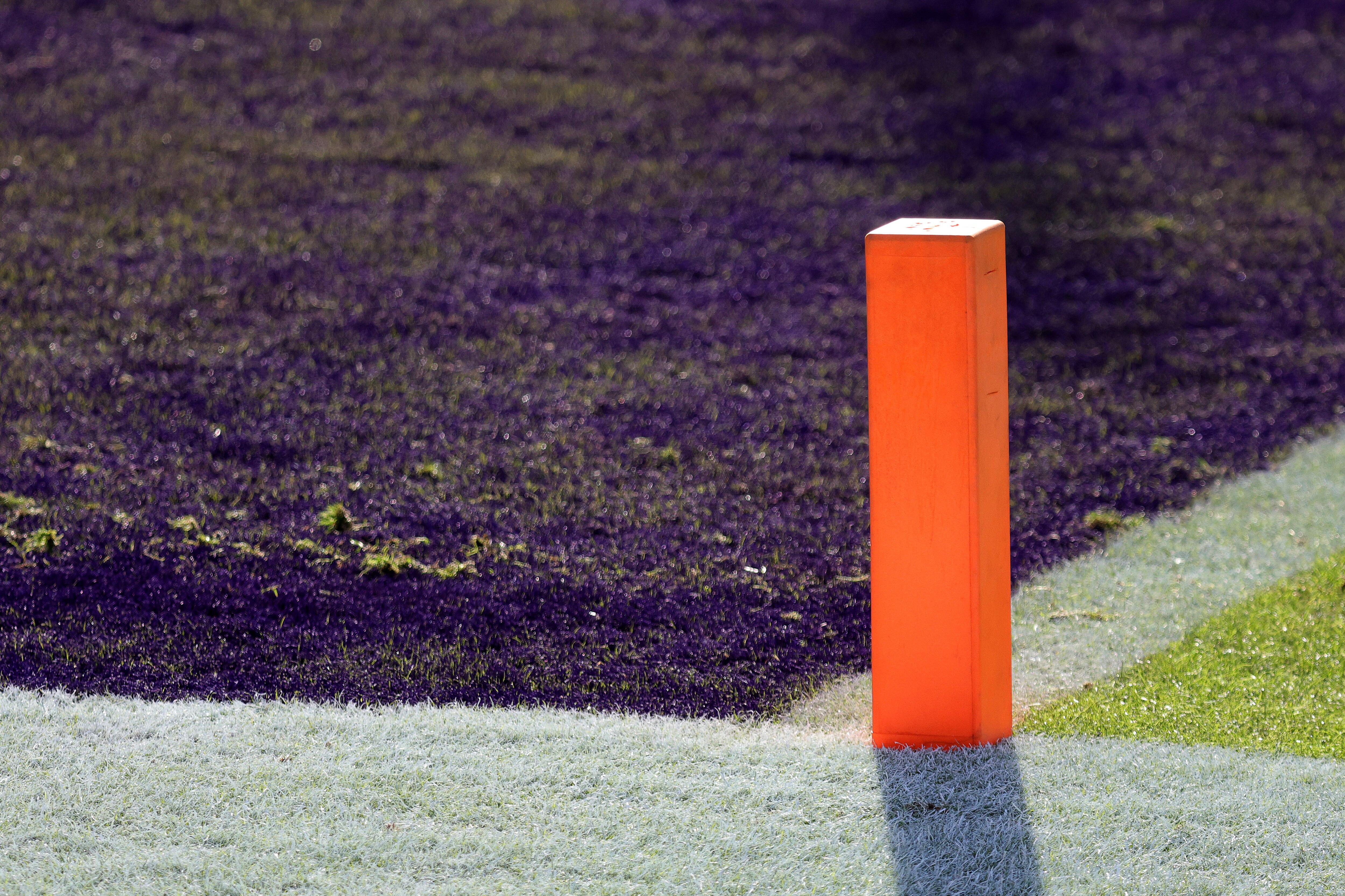 BALTIMORE, MARYLAND - DECEMBER 27: The end zone pylon is shown during the Baltimore Ravens and New York Giants game at M&T Bank Stadium on December 27, 2020 in Baltimore, Maryland. (Photo by Rob Carr/Getty Images)