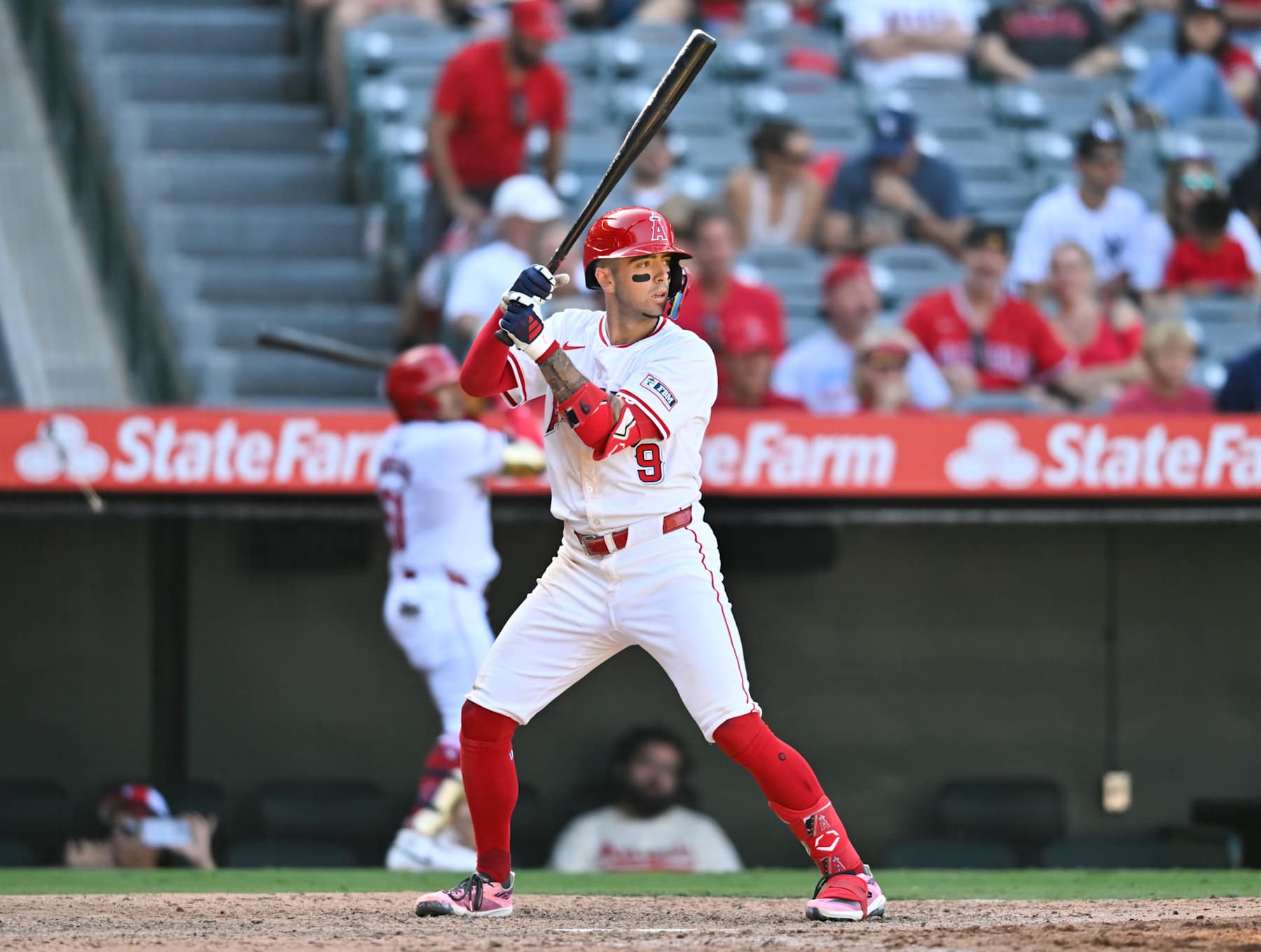 ANAHEIM, CALIFORNIA - SEPTEMBER 18: Zach Neto #9 of the Los Angeles Angels at bat against the Chicago White Sox at Angel Stadium of Anaheim on September 18, 2024 in Anaheim, California. (Photo by John McCoy/Getty Images)