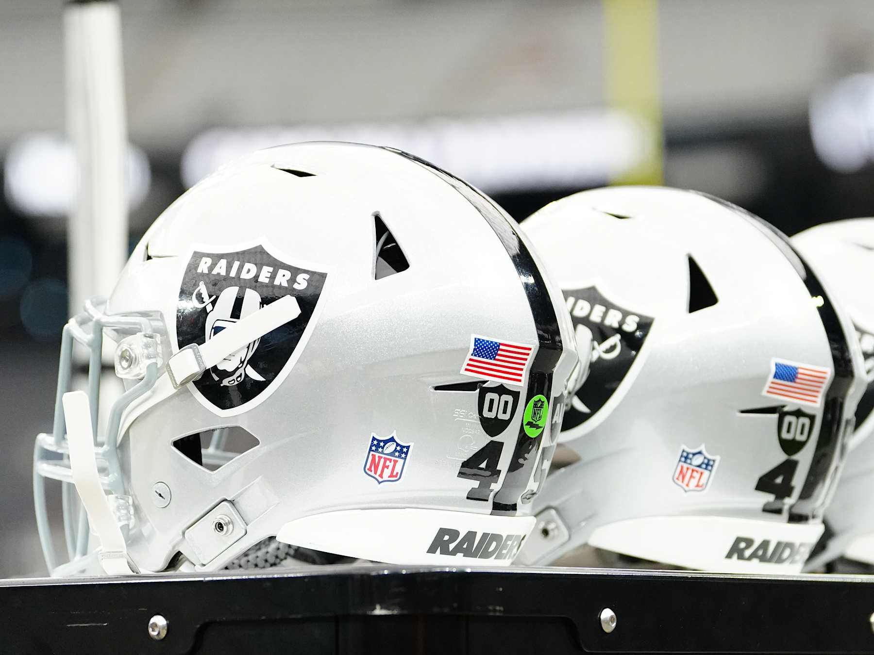 LAS VEGAS, NEVADA - SEPTEMBER 22: Las Vegas Raiders helmets are seen before the game against the Carolina Panthers at Allegiant Stadium on September 22, 2024 in Las Vegas, Nevada. (Photo by Louis Grasse/Getty Images) LAS VEGAS, NEVADA - SEPTEMBER 22: Las Vegas Raiders helmets are seen before the game against the Carolina Panthers at Allegiant Stadium on September 22, 2024 in Las Vegas, Nevada. (Photo by Louis Grasse/Getty Images)
