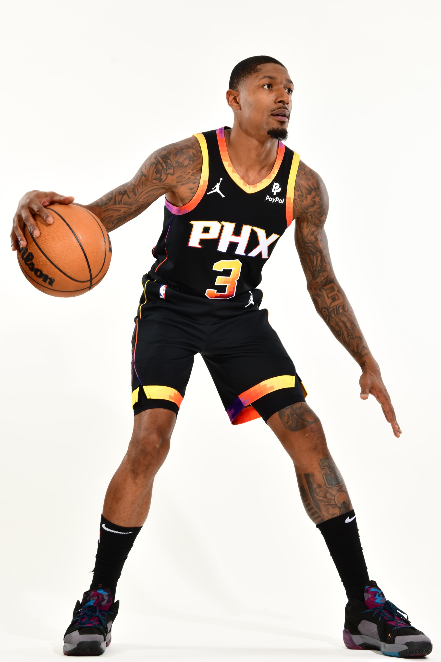 PHOENIX, AZ - JUNE 29:  Bradley Beal #3 of the Phoenix Suns poses for a portrait on June 29, 2023 at the Footprint Center in Phoenix, Arizona. NOTE TO USER: User expressly acknowledges and agrees that, by downloading and or using this Photograph, user is consenting to the terms and conditions of the Getty Images License Agreement. Mandatory Copyright Notice: Copyright 2023 NBAE (Photo by Barry Gossage / NBAE via Getty Images)