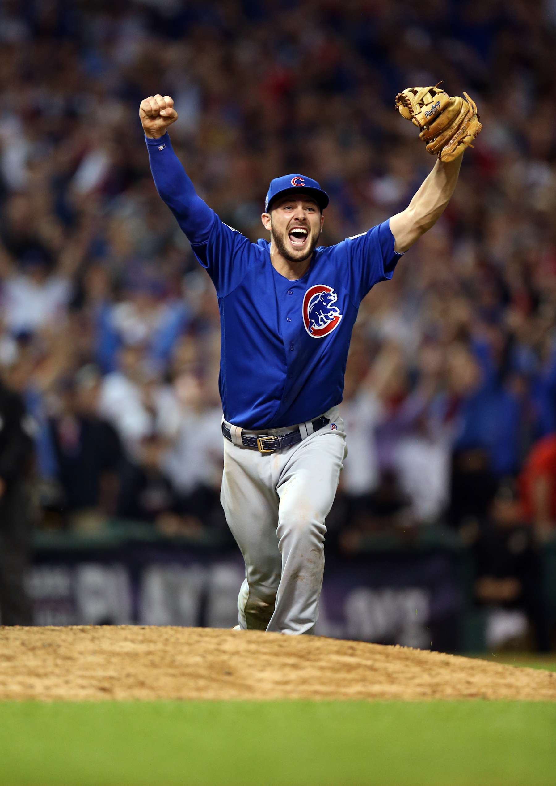 CLEVELAND, OH - NOVEMBER 2:  Kris Bryant #17 of the Chicago Cubs reacts after making the throw to first for the final out in of Game 7 of the 2016 World Series against the Cleveland Indians at Progressive Field on Wednesday, November 2, 2016 in Cleveland, Ohio. The Cubs defeated the Indians 8-7. (Photo by Brad Mangin/MLB via Getty Images) 