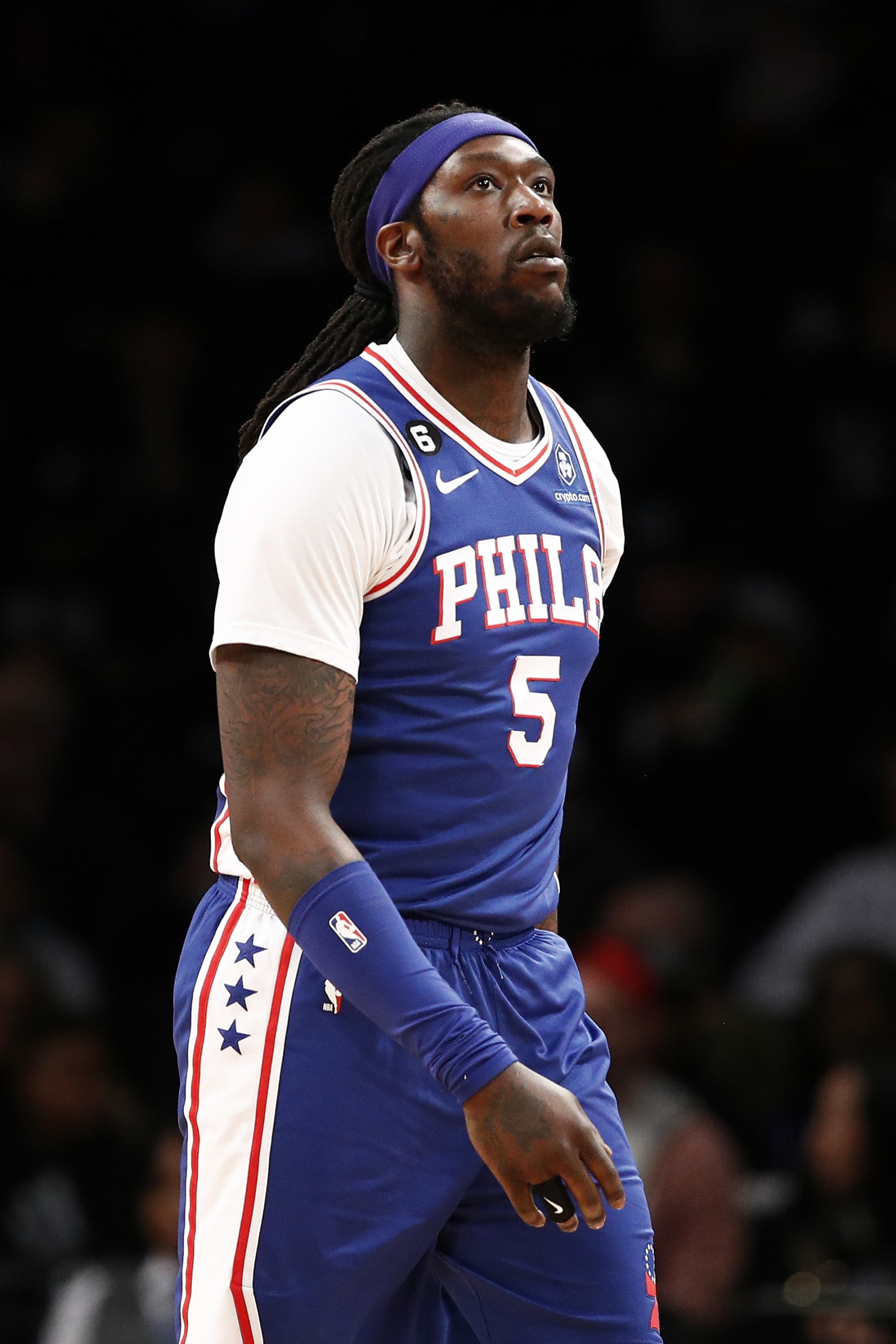 NEW YORK, NEW YORK - APRIL 09: Montrezl Harrell #5 of the Philadelphia 76ers looks on during the first half against the Brooklyn Nets at Barclays Center on April 09, 2023 in the Brooklyn borough of New York City. (Photo by Sarah Stier/Getty Images)