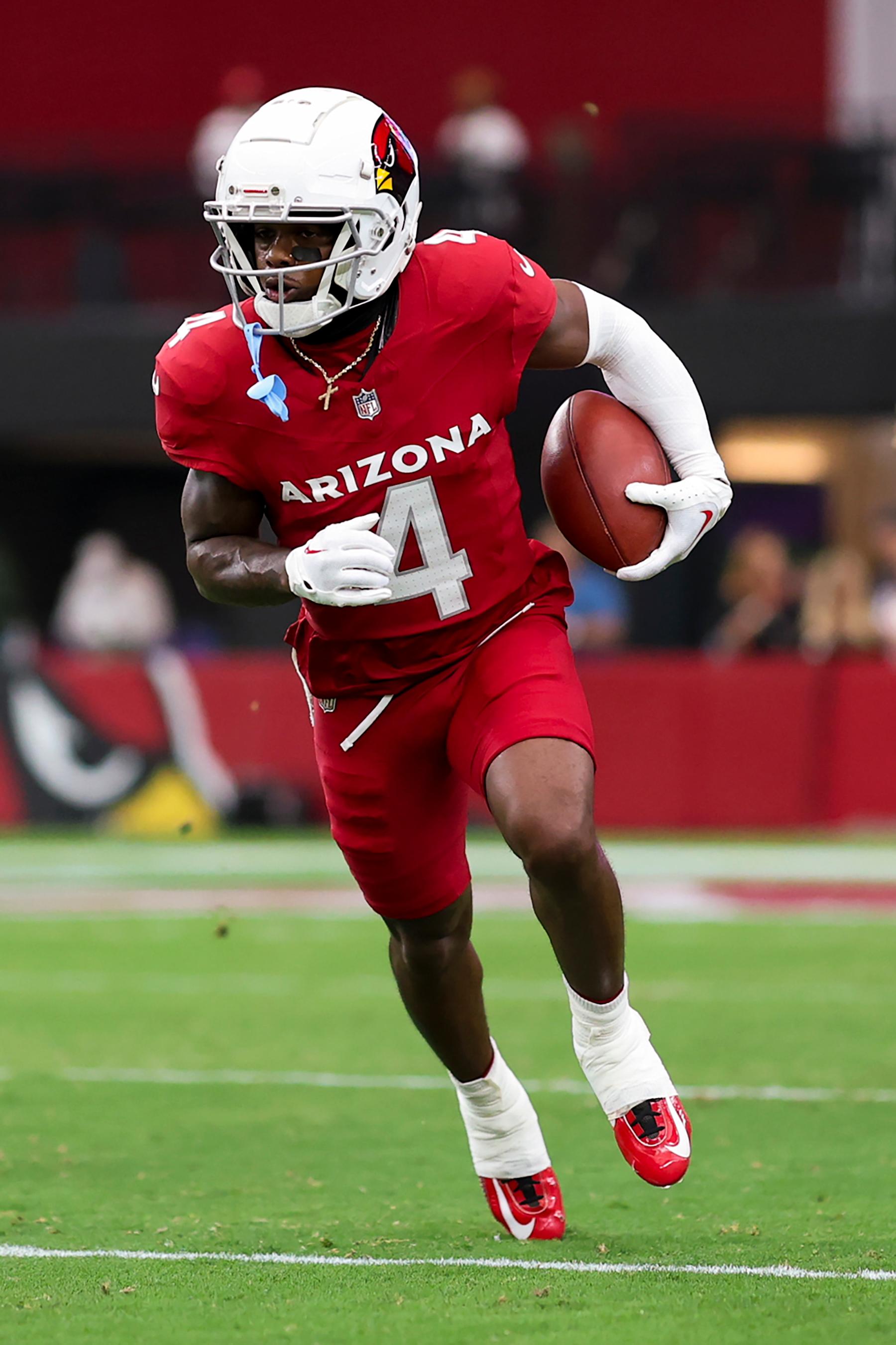GLENDALE, AZ - AUGUST 10: Greg Dortch #4 of the Arizona Cardinals warms up prior to an NFL preseason football game against the New Orleans Saints, at State Farm Stadium on August 10, 2024 in Glendale, Arizona. (Photo by Brooke Sutton/Getty Images)