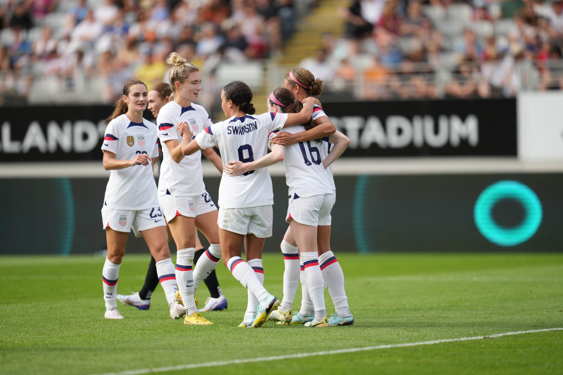 AUCKLAND, NEW ZEALAND - JANUARY 21: Rose Lavelle #16 of the United States scores a goal and celebrates during a game between New Zealand and USWNT at Eden Park on January 21, 2023 in Auckland, New Zealand. (Photo by Brad Smith/ISI Photos/Getty Images)