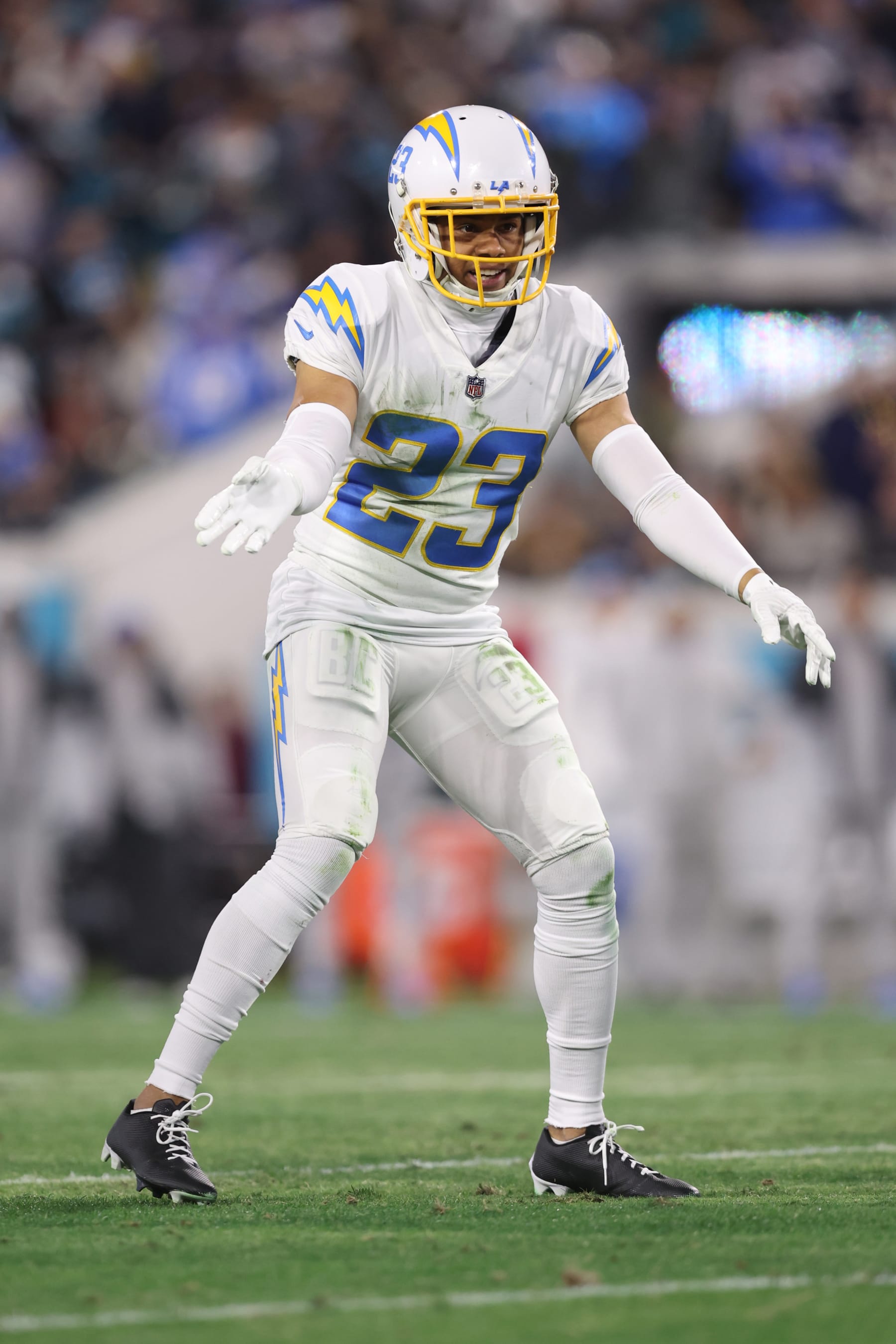 JACKSONVILLE, FLORIDA - JANUARY 14: Bryce Callahan #23 of the Los Angeles Chargers in coverage during an AFC Wild Card playoff game against the Jacksonville Jaguars at TIAA Bank Field on Saturday, January 14, 2023, in Jacksonville, Florida. (Photo by Perry Knotts/Getty Images)