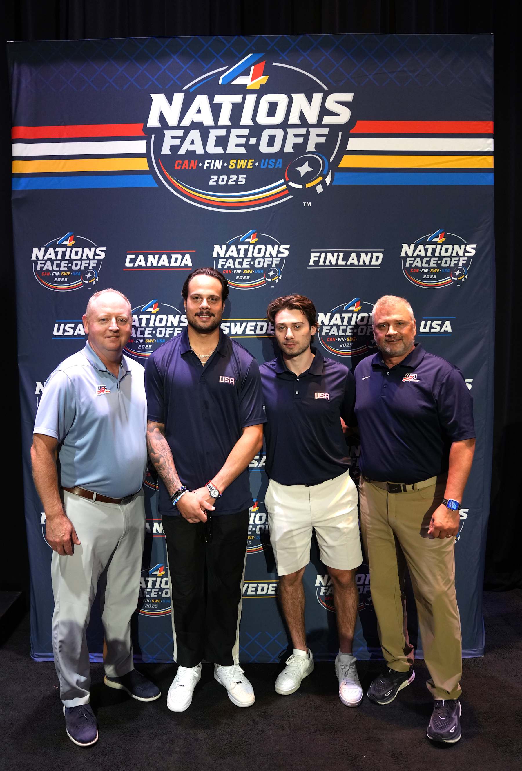 LAS VEGAS, NEVADA - JUNE 28: (L-R) Pat Kelleher, Executive Director, USA Hockey, Auston Matthews of the Toronto Maple Leafs, Quinn Hughes of the Vancouver Canucks and Mike Trimboli, President, USA Hockey, attend the 4 Nations Face-Off Roster media availability at Encore Las Vegas on June 28, 2024 in Las Vegas, Nevada. (Photo by Mark Blinch/NHLI via Getty Images)