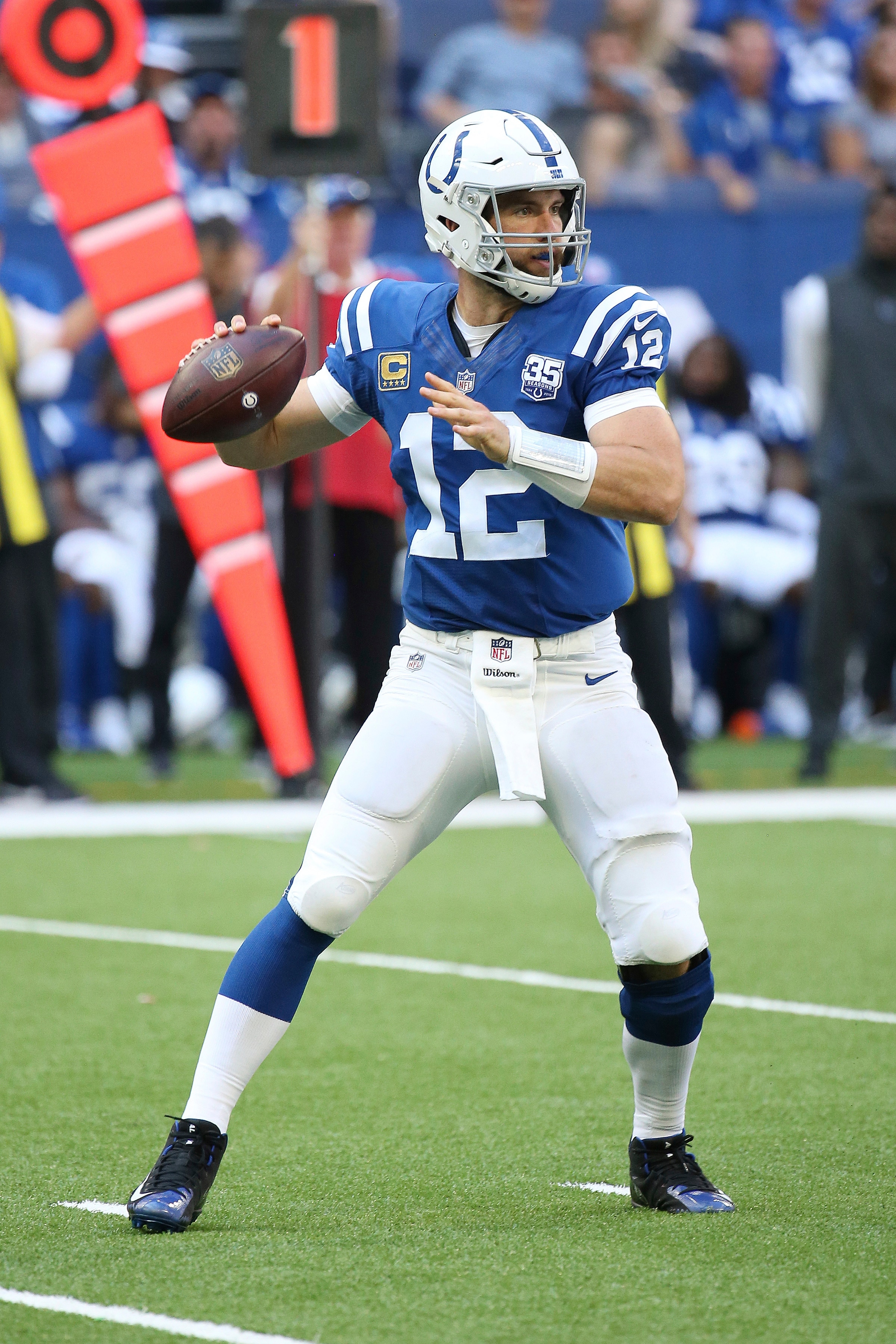 Indianapolis Colts quarterback Andrew Luck #12 during an NFL football game between the Houston Texans and the Indianapolis Colts, Sunday, Sept. 30, 2018 in Indianapolis. (Photo by Michael Zito/AP Images for Panini)