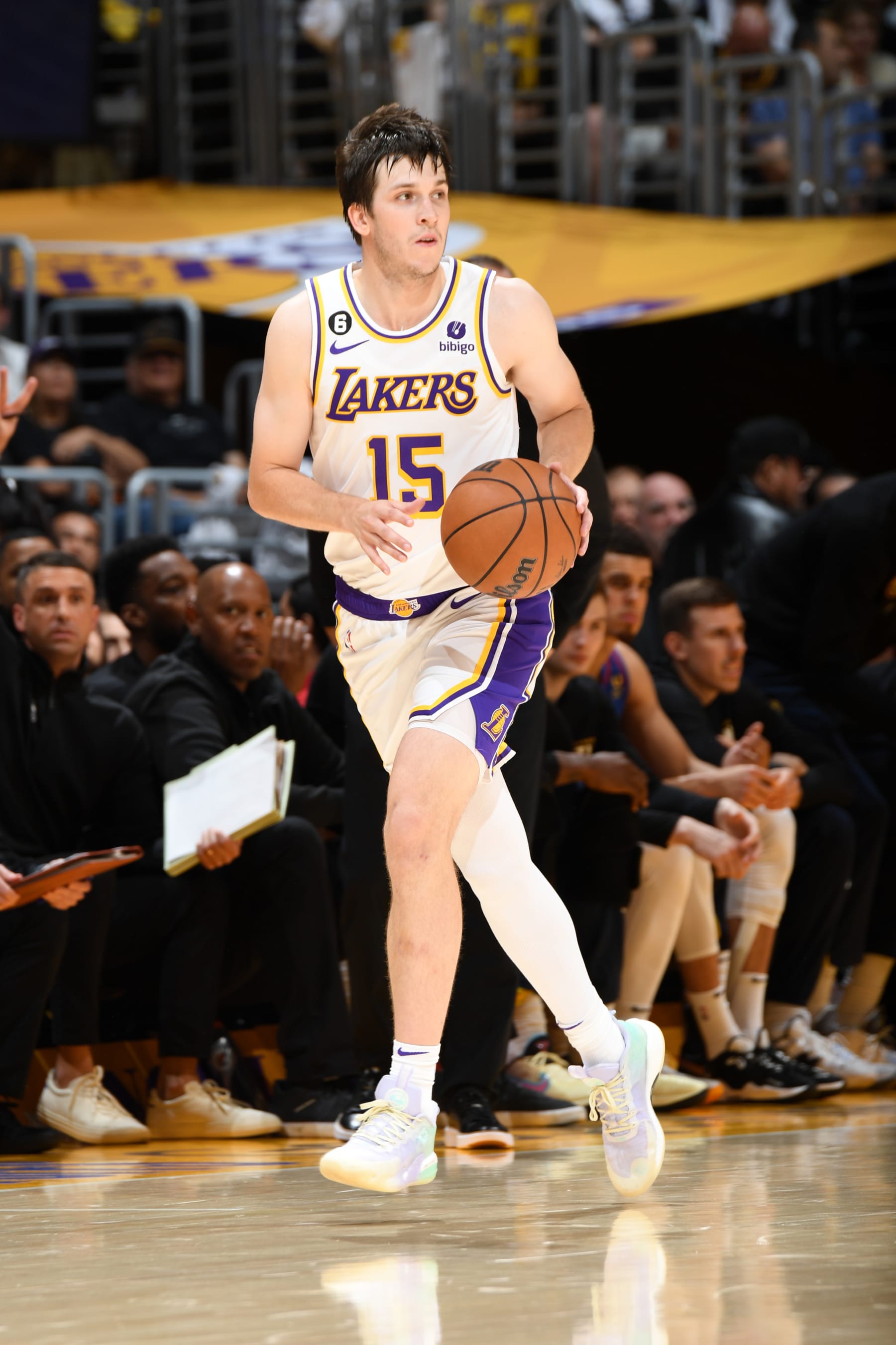 LOS ANGELES, CA - MAY 20: Austin Reaves #15 of the Los Angeles Lakers dribbles the ball during Game 3 of the 2023 NBA Playoffs Western Conference Finals on May 20, 2023 at Crypto.Com Arena in Los Angeles, California. NOTE TO USER: User expressly acknowledges and agrees that, by downloading and/or using this Photograph, user is consenting to the terms and conditions of the Getty Images License Agreement. Mandatory Copyright Notice: Copyright 2023 NBAE (Photo by Andrew D. Bernstein/NBAE via Getty Images)