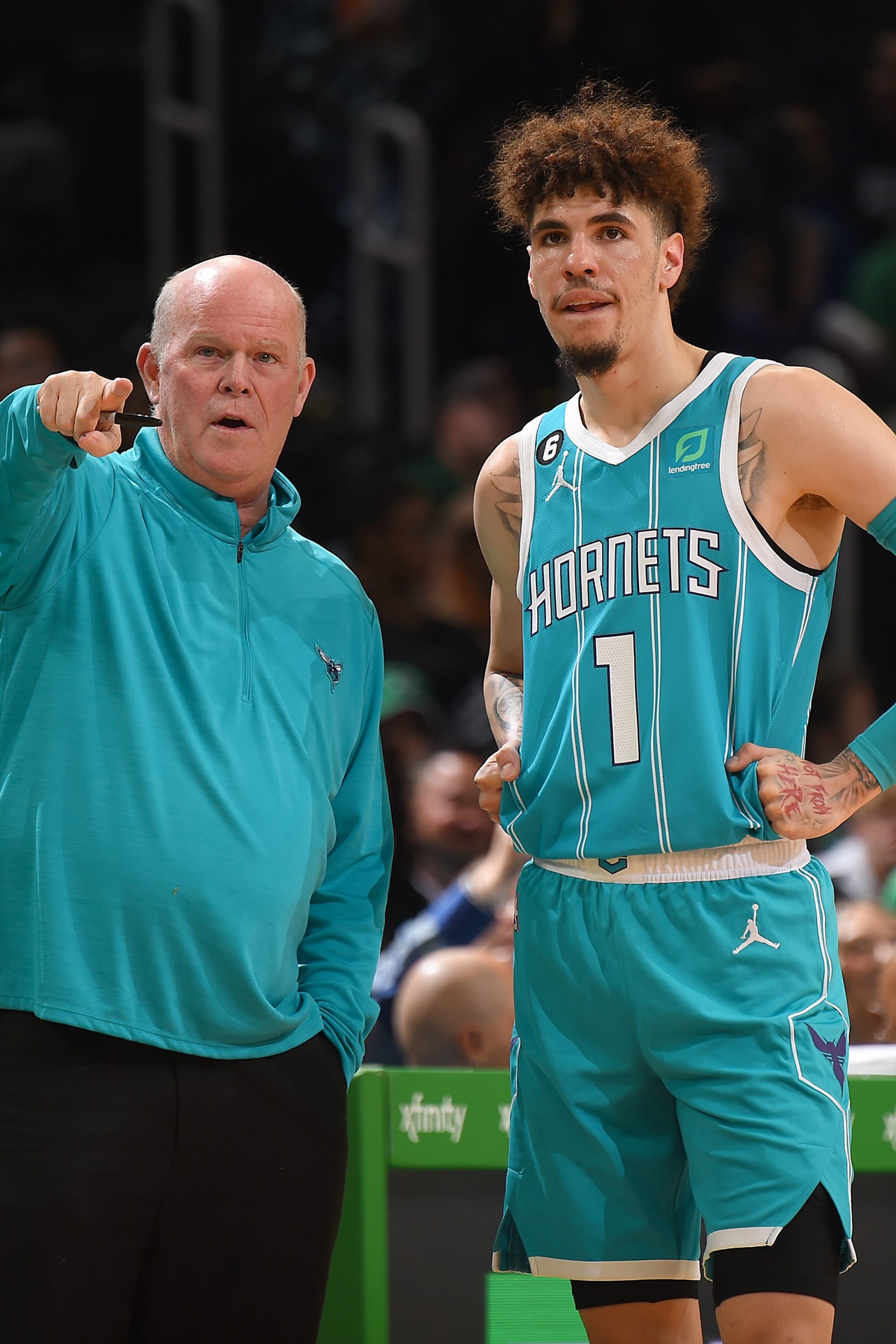 BOSTON, MA - OCTOBER 2: Head Coach Steve Clifford and LaMelo Ball #1 the Charlotte Hornets speak during the game against the Boston Celtics on October 2, 2022 at the TD Garden in Boston, Massachusetts.  NOTE TO USER: User expressly acknowledges and agrees that, by downloading and or using this photograph, User is consenting to the terms and conditions of the Getty Images License Agreement. Mandatory Copyright Notice: Copyright 2022 NBAE  (Photo by Brian Babineau/NBAE via Getty Images)