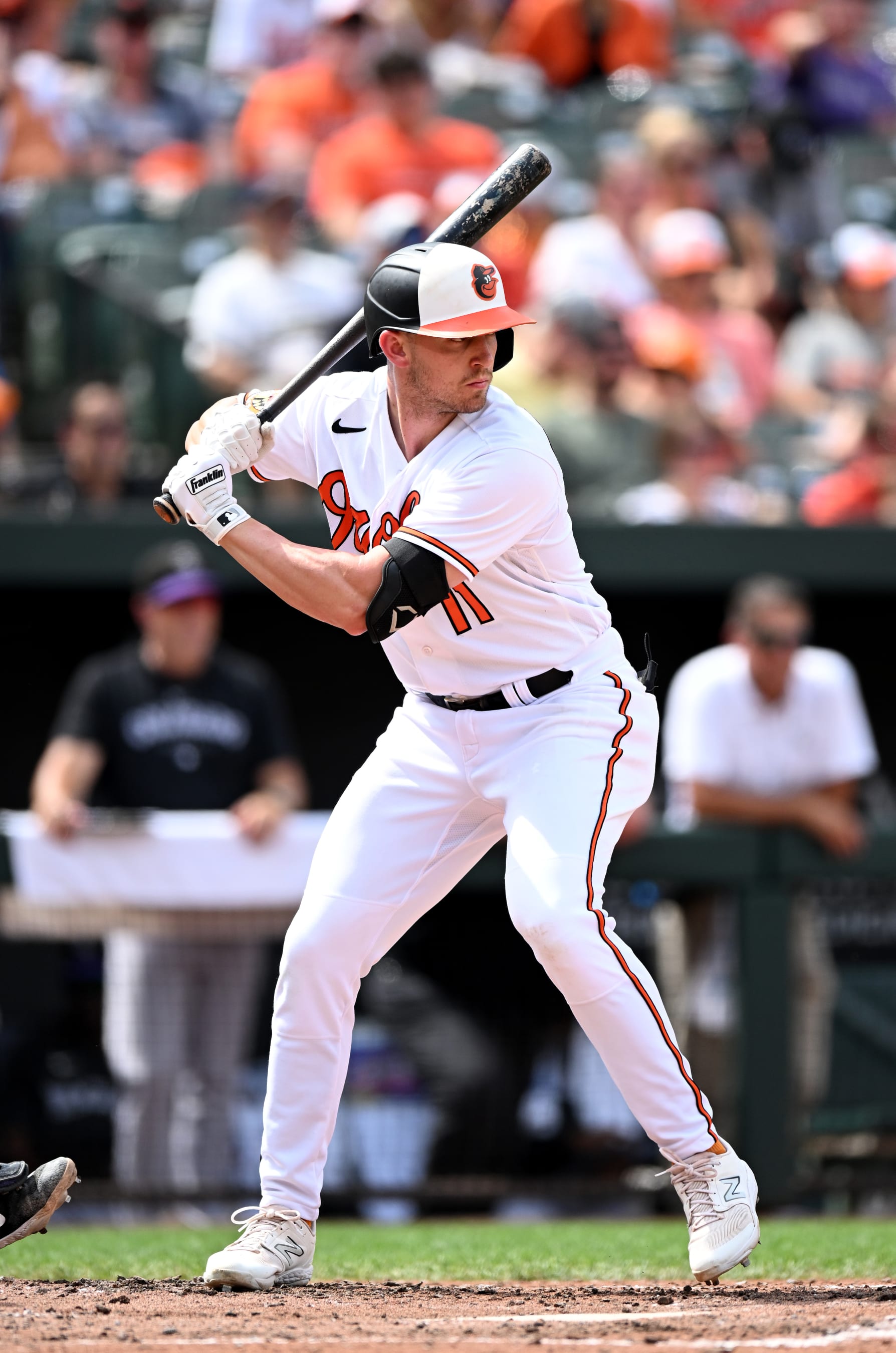 BALTIMORE, MARYLAND - AUGUST 27: Jordan Westburg #11 of the Baltimore Orioles bats against the Colorado Rockies at Oriole Park at Camden Yards on August 27, 2023 in Baltimore, Maryland. (Photo by G Fiume/Getty Images)