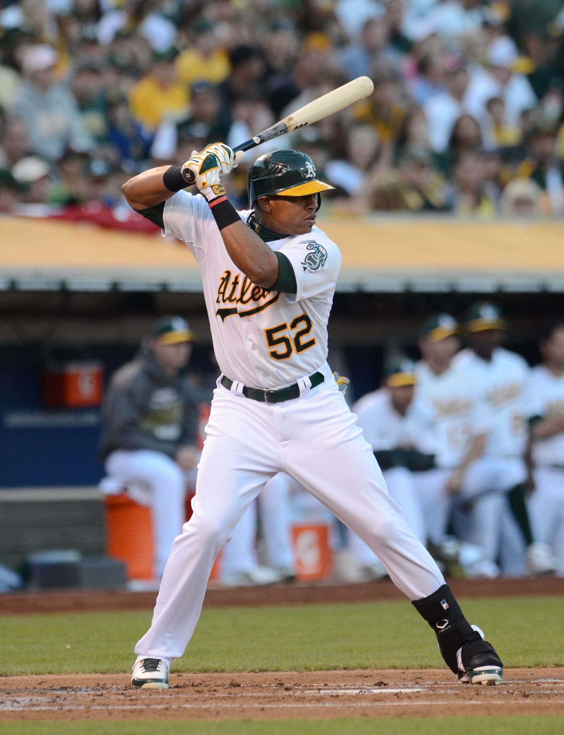 OAKLAND, CA - OCTOBER 09:  Yoenis Cespedes #52 of the Oakland Athletics bats during Game Three of the American League Division Series against the Detroit Tigers at Oakland-Alameda County Coliseum on October 9, 2012 in Oakland, California. The A's defeated the Tigers 2-0.  (Photo by Mark Cunningham/MLB Photos via Getty Images)