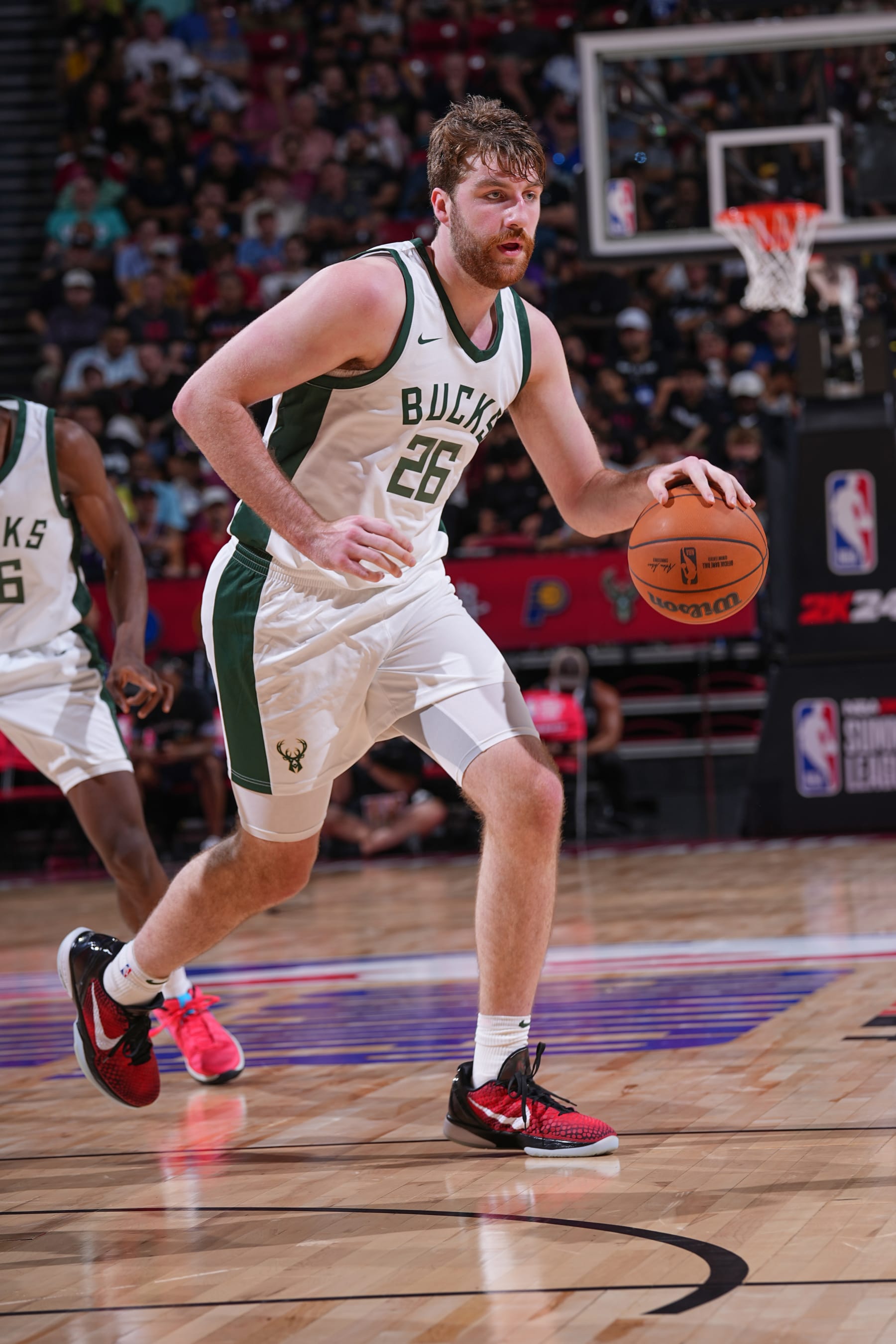 LAS VEGAS, NV - JULY 7:  Drew Timme #26 of Milwuakee Bucks handles the ball during the game  during the 2023 NBA Las Vegas Summer League on July 7, 2023 at the Thomas & Mack Center in Las Vegas, Nevada. NOTE TO USER: User expressly acknowledges and agrees that, by downloading and or using this Photograph, User is consenting to the terms and conditions of the Getty Images License Agreement. Mandatory Copyright Notice: Copyright 2023 NBAE (Photo by Bart Young/NBAE via Getty Images)