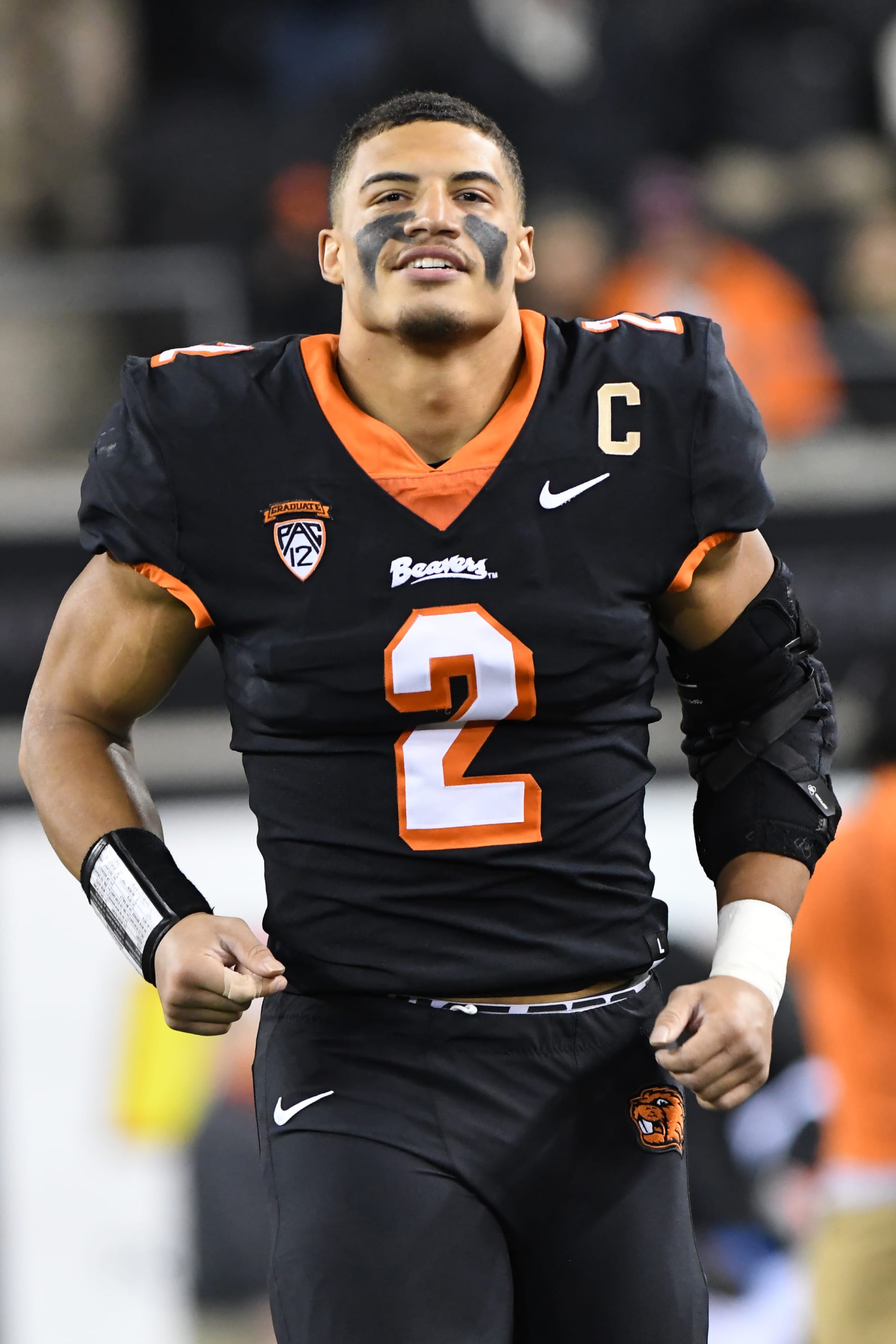 CORVALLIS, OR - NOVEMBER 20: Oregon State Beavers OLB Andrzej Hughes-Murray (2) runs on the field for senior day during a PAC-12 conference football game between the Arizona State Sun Devils and Oregon State Beavers on November 20, 2021 at Reser Stadium in Corvallis, Oregon. (Photo by Brian Murphy/Icon Sportswire via Getty Images)