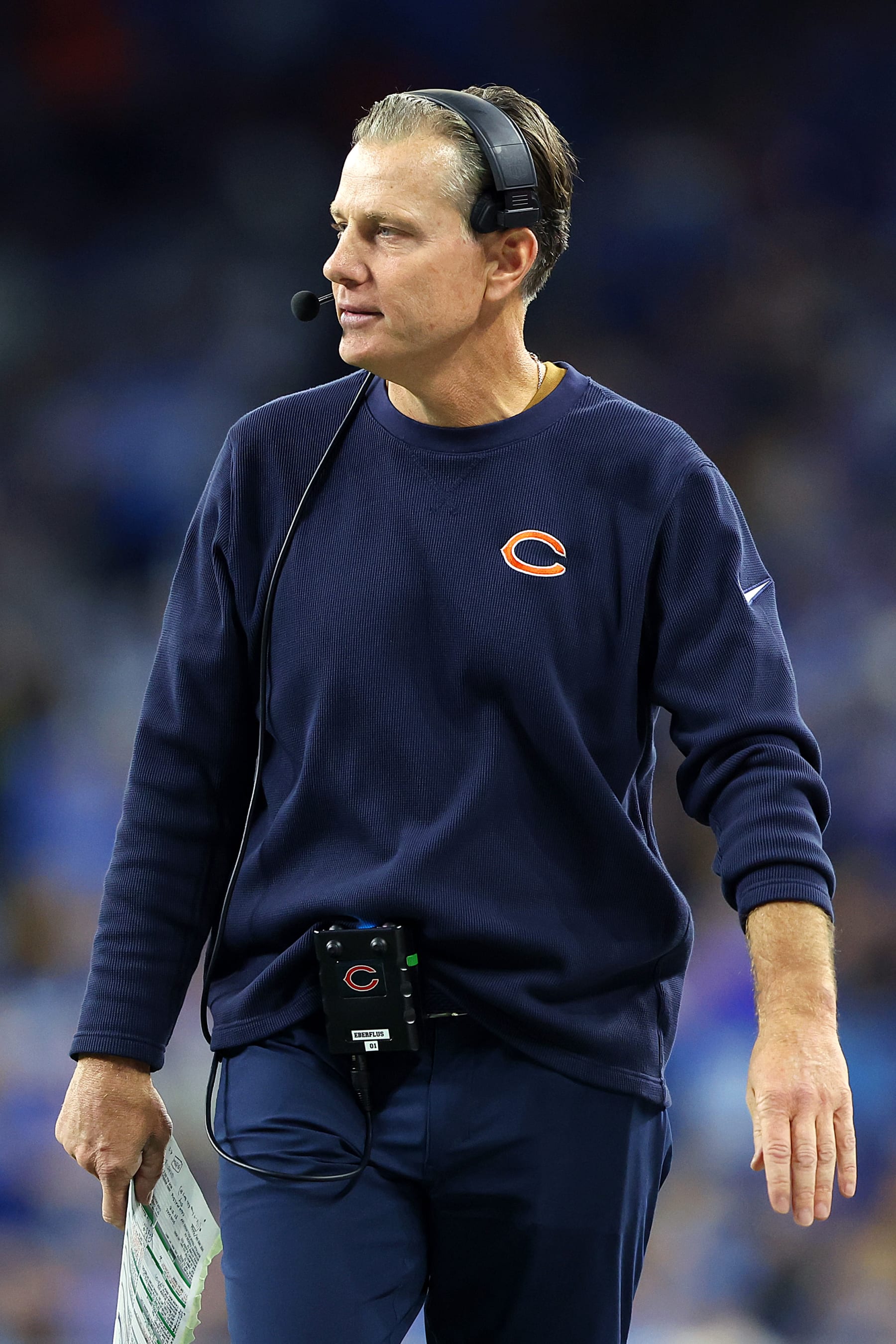 DETROIT, MICHIGAN - NOVEMBER 19: Head coach Matt Eberflus  
 of the Chicago Bears looks on during the first half of a game against the Detroit Lions at Ford Field on November 19, 2023 in Detroit, Michigan. (Photo by Rey Del Rio/Getty Images)