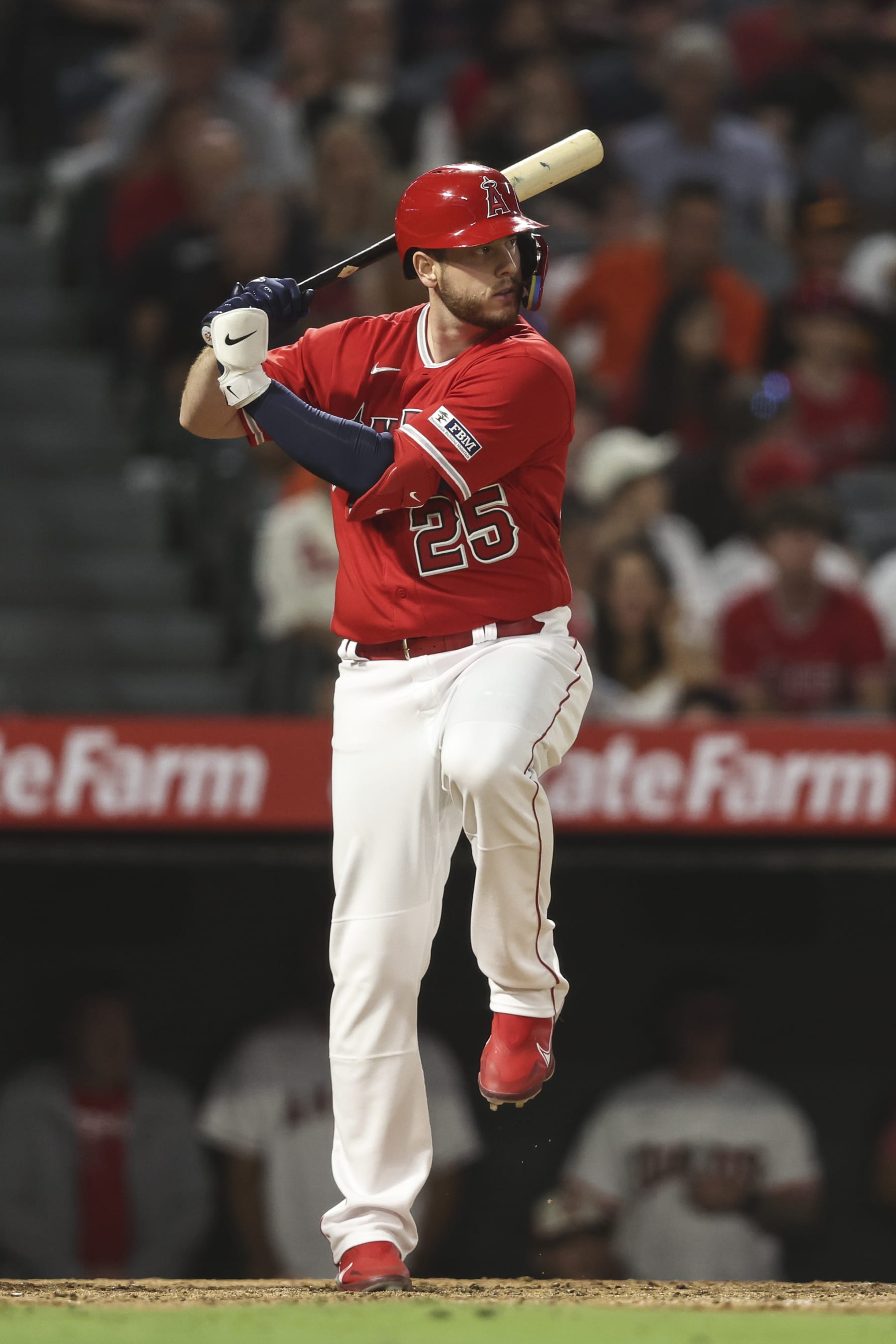 ANAHEIM, CALIFORNIA - AUGUST 08: C.J. Cron #25 of the Los Angeles Angels at bat against the San Francisco Giants during the fifth inning of a game at Angel Stadium of Anaheim on August 08, 2023 in Anaheim, California. (Photo by Michael Owens/Getty Images)