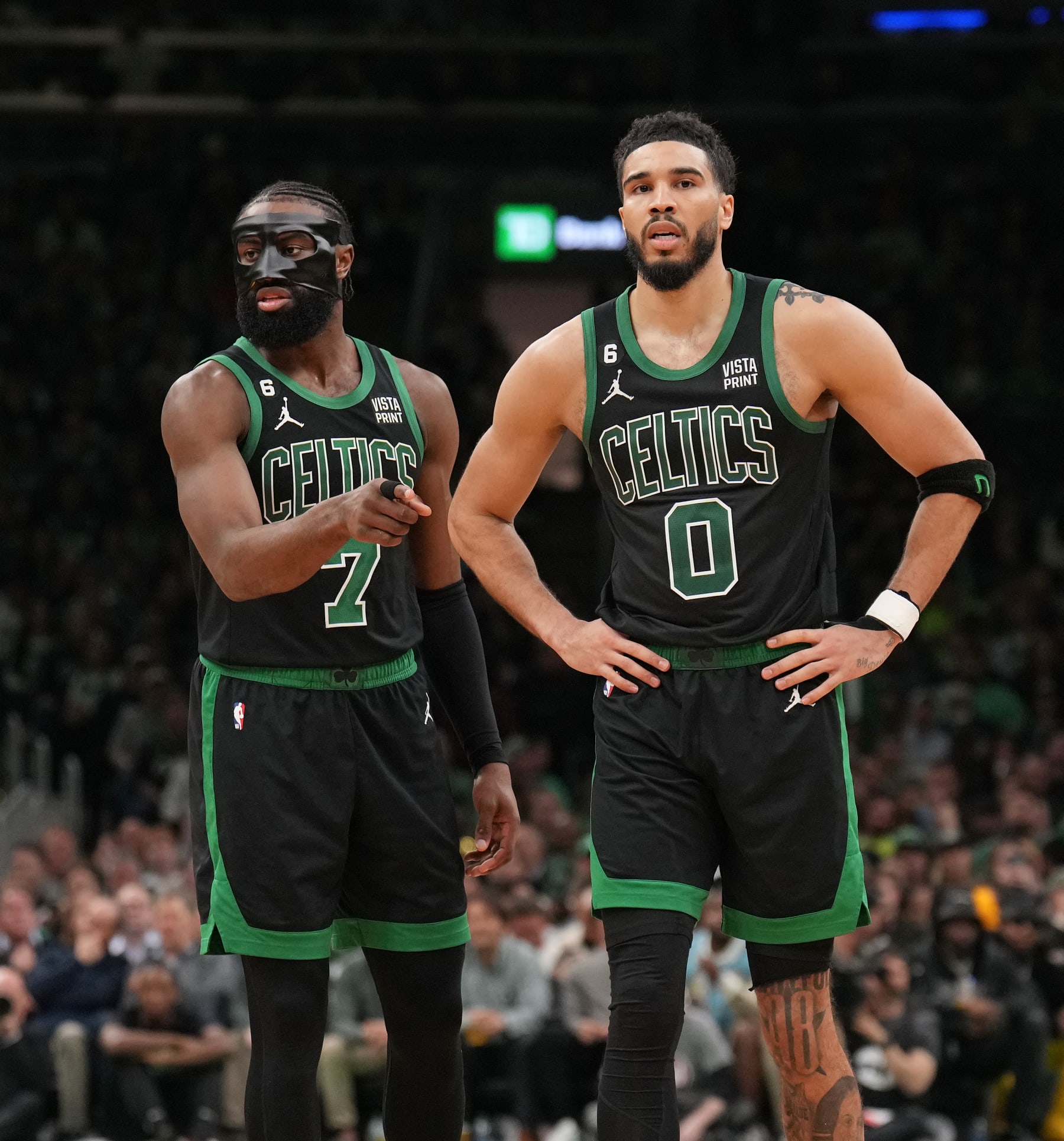 BOSTON, MA - MAY 1: Jaylen Brown #7 and Jayson Tatum #0 of the Boston Celtics look on during Game 1 of the Western Conference semifinals 2023 NBA Playoffs on May 1, 2023 at the TD Garden in Boston, Massachusetts. NOTE TO USER: User expressly acknowledges and agrees that, by downloading and or using this photograph, User is consenting to the terms and conditions of the Getty Images License Agreement. Mandatory Copyright Notice: Copyright 2023 NBAE  (Photo by Jesse D. Garrabrant/NBAE via Getty Images)