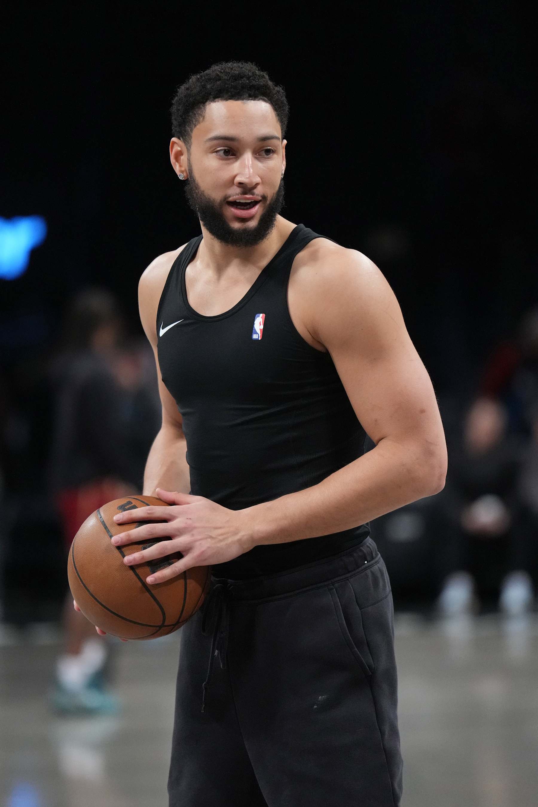 BROOKLYN, NY - FEBRUARY 8: Ben Simmons #10 of the Brooklyn Nets warms up before the game against the Cleveland Cavaliers on February 8, 2024 at Barclays Center in Brooklyn, New York. NOTE TO USER: User expressly acknowledges and agrees that, by downloading and or using this Photograph, user is consenting to the terms and conditions of the Getty Images License Agreement. Mandatory Copyright Notice: Copyright 2024 NBAE (Photo by Jesse D. Garrabrant/NBAE via Getty Images)