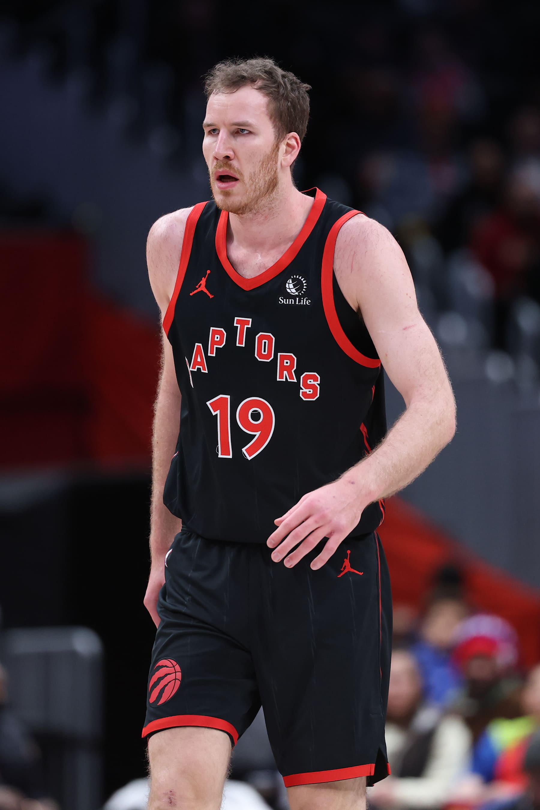 WASHINGTON, DC - JANUARY 29: Jakob Poeltl #19 of the Toronto Raptors looks on against the Washington Wizards during the first half at Capital One Arena on January 29, 2025 in Washington, DC. NOTE TO USER: User expressly acknowledges and agrees that, by downloading and or using this photograph, User is consenting to the terms and conditions of the Getty Images License Agreement. (Photo by Patrick Smith/Getty Images)