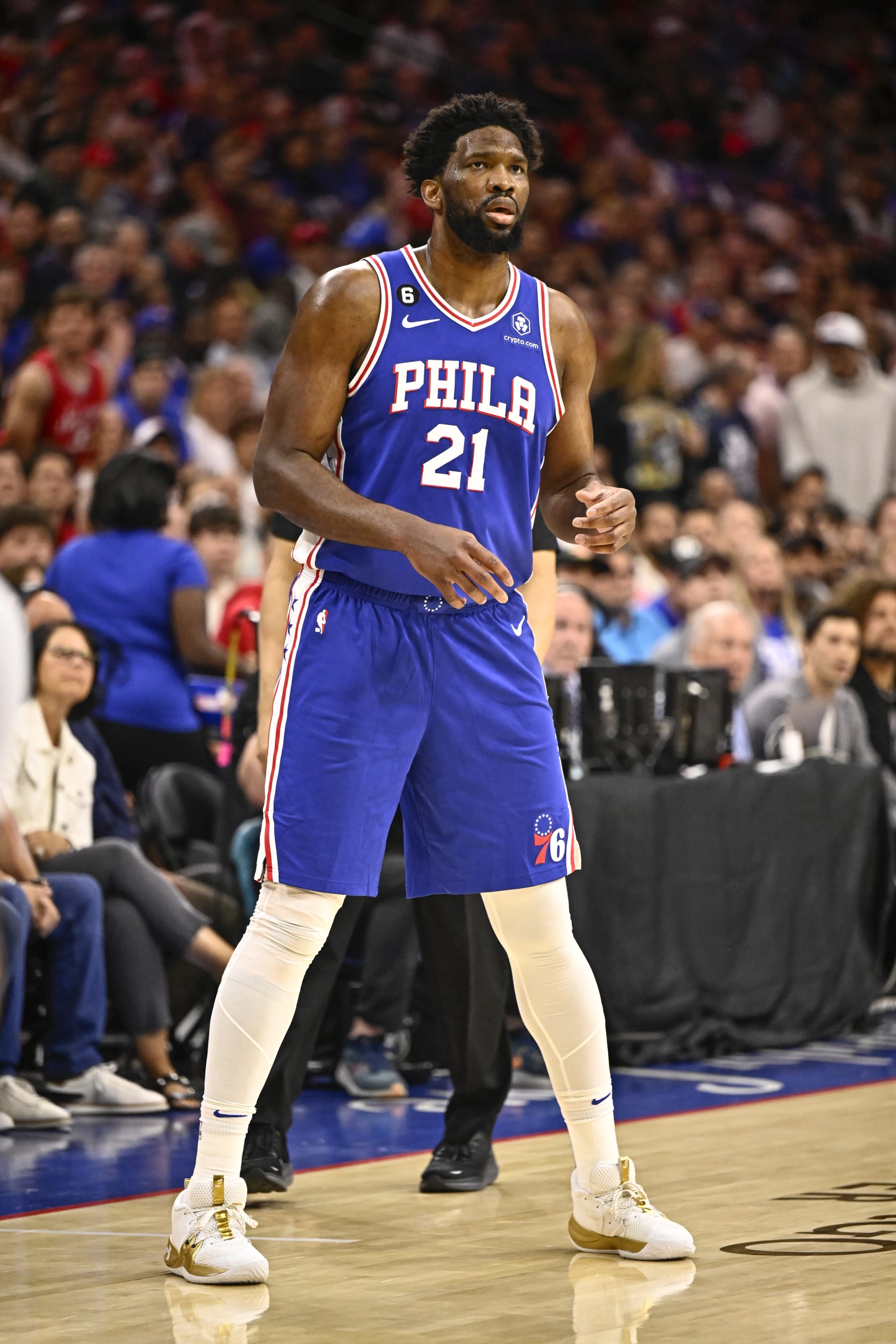 PHILADELPHIA, PA - MAY 11:  Joel Embiid #21 of the Philadelphia 76ers looks on during the game during round two game six of the 2023 NBA Playoffs on on May 11, 2023 at the Wells Fargo Center in Philadelphia, Pennsylvania NOTE TO USER: User expressly acknowledges and agrees that, by downloading and/or using this Photograph, user is consenting to the terms and conditions of the Getty Images License Agreement. Mandatory Copyright Notice: Copyright 2023 NBAE (Photo by David Dow/NBAE via Getty Images)