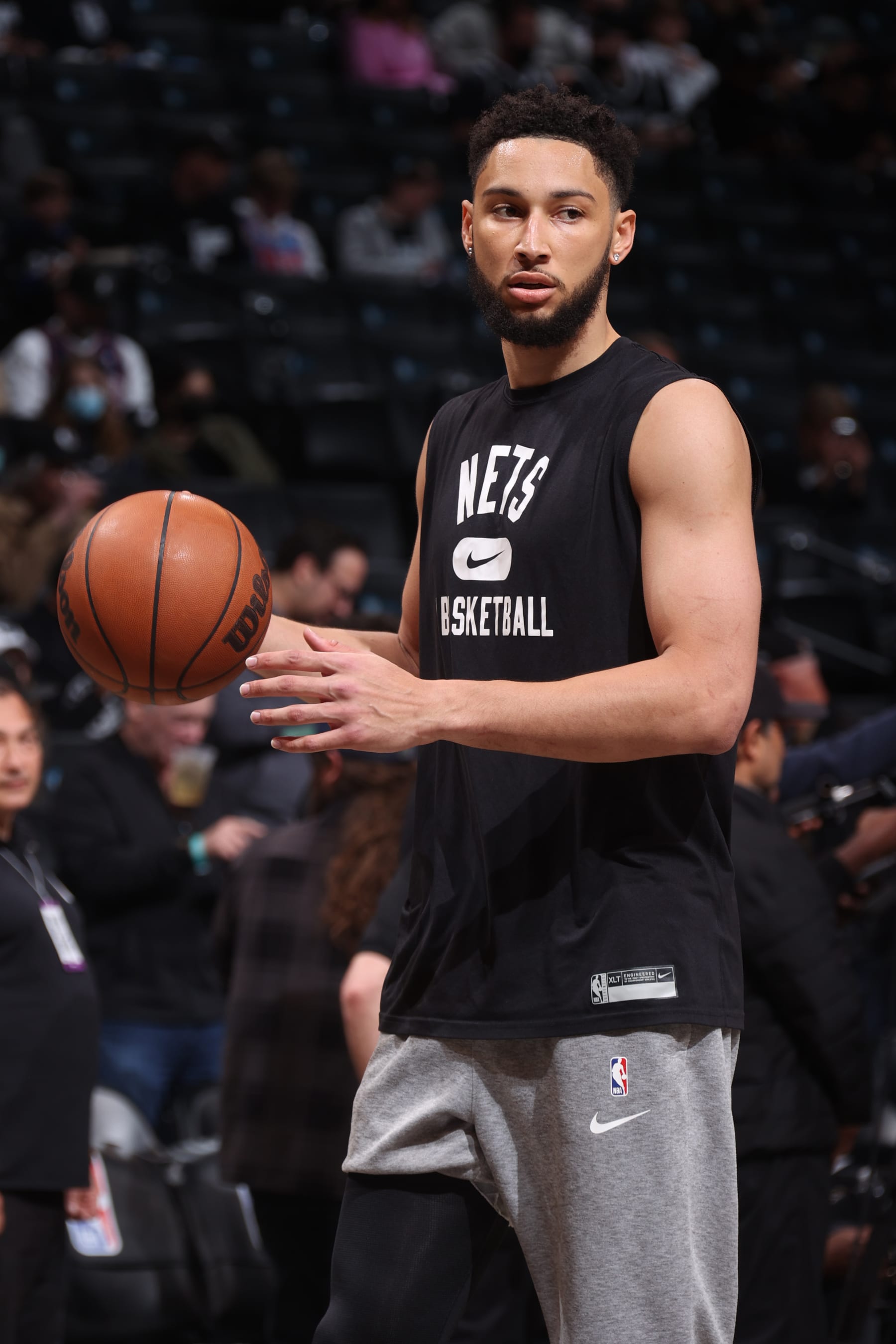BROOKLYN, NY - APRIL 23: Ben Simmons #10 of the Brooklyn Nets looks on before the game against the Boston Celtics during Round 1 Game 3 of the 2022 NBA Playoffs on April 23, 2022 at Barclays Center in Brooklyn, New York. NOTE TO USER: User expressly acknowledges and agrees that, by downloading and or using this Photograph, user is consenting to the terms and conditions of the Getty Images License Agreement. Mandatory Copyright Notice: Copyright 2022 NBAE (Photo by Nathaniel S. Butler/NBAE via Getty Images)