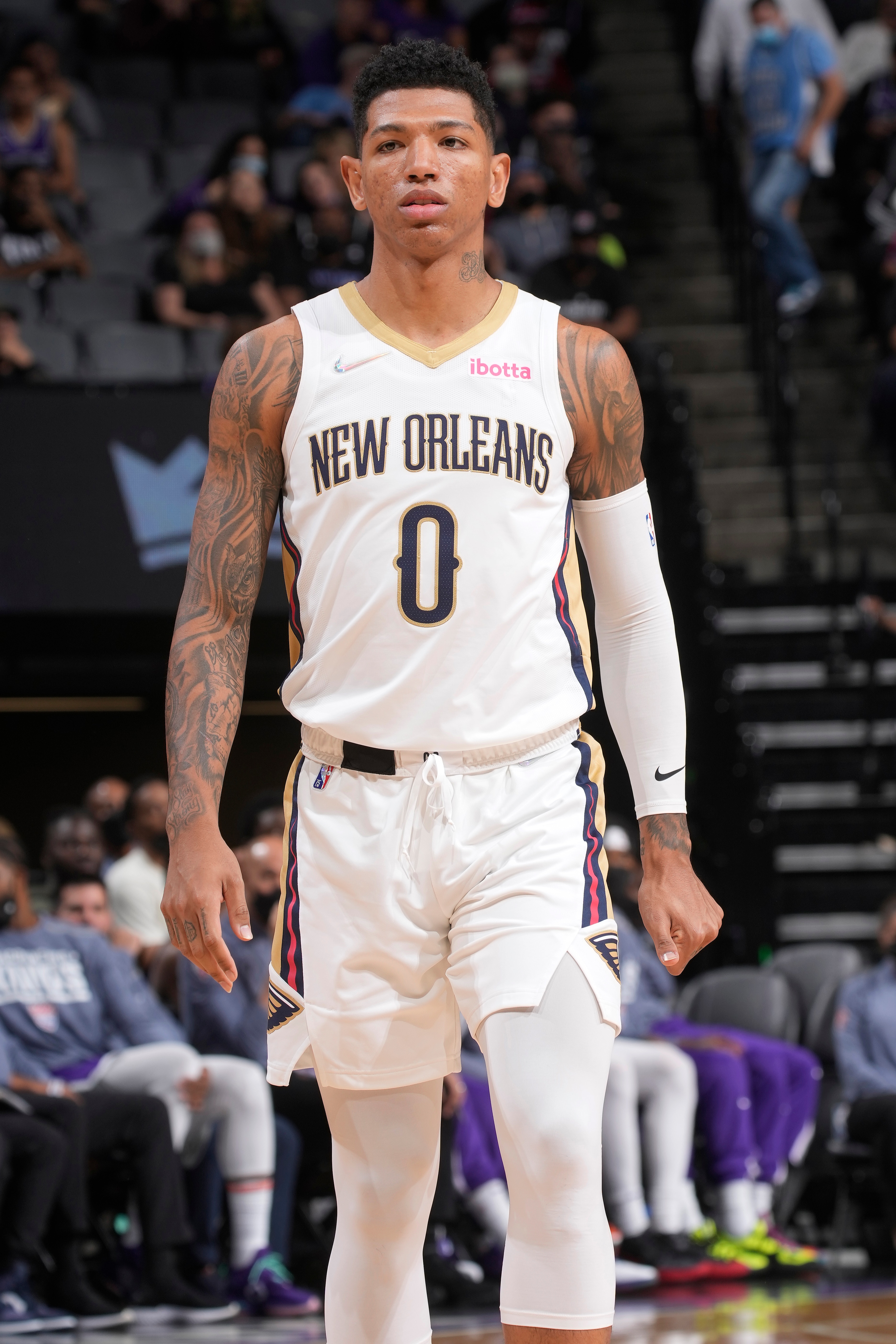SACRAMENTO, CA - November 3: Didi Louzada #0 of the New Orleans Pelicans looks on against the Sacramento Kings on November 3, 2021 at Golden 1 Center in Sacramento, California. NOTE TO USER: User expressly acknowledges and agrees that, by downloading and or using this photograph, User is consenting to the terms and conditions of the Getty Images Agreement. Mandatory Copyright Notice: Copyright 2021 NBAE (Photo by Rocky Widner/NBAE via Getty Images)